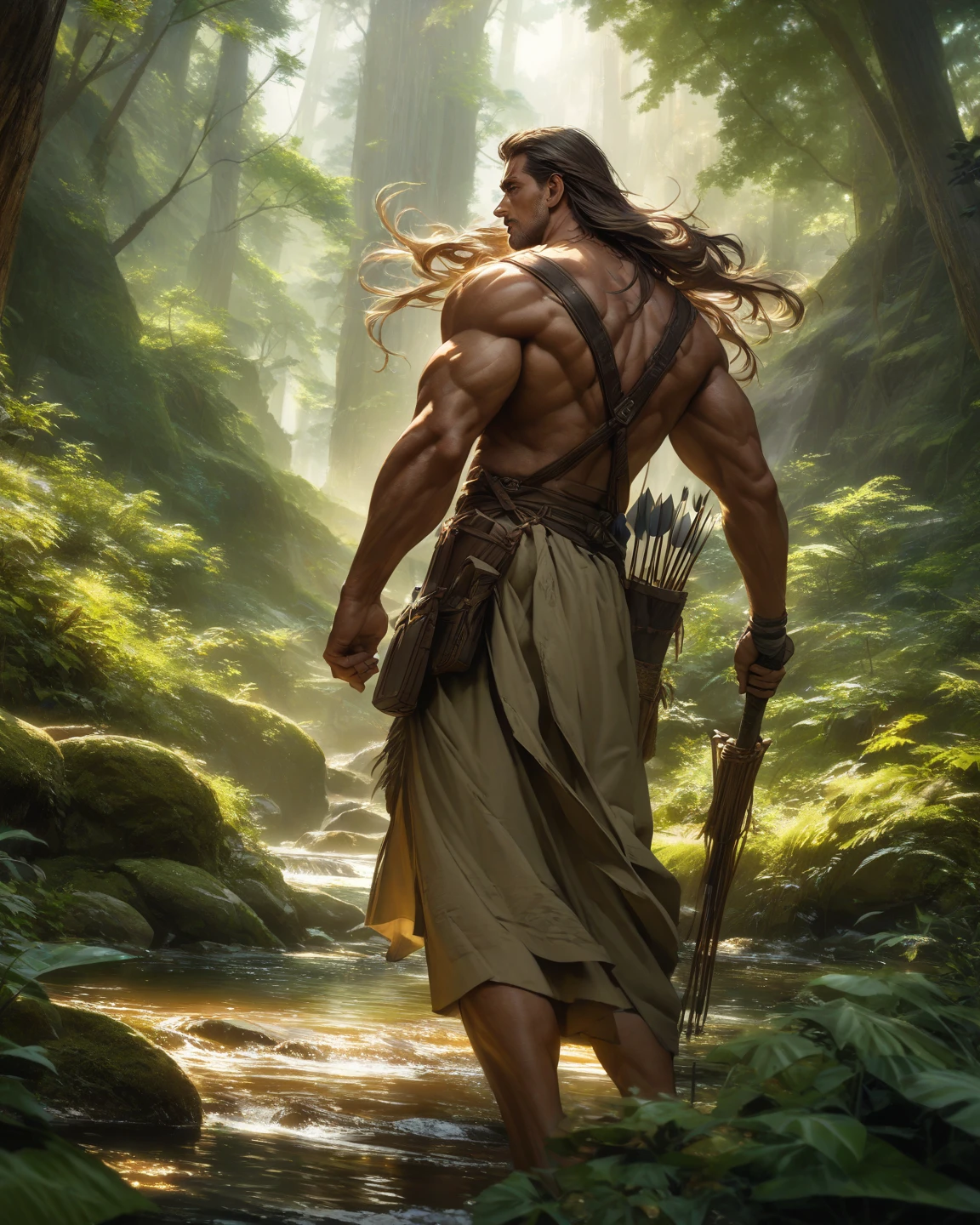 (Full body). Front view. 1boy handsome fit male, very detailed flawless face, detailed open eyes, very handsome, epic, heroic, warrior. (muscular), (big muscles), ((large pectorals)). Long hair, ((smile)).
((Shirtless)), wearing a loin cloth with ((large bulge)), bracers, shin guards, boots, very long flowing cape.
Enchanted mythical forest landscape with trees, bushes, flowers, grass. Soft misty light. Depth of field. Pastel colors.
Digital painting, overdetailed digital painting, best quality