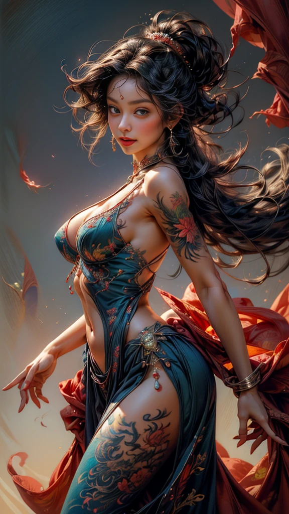 Beauty in the hair,wearing hat,High-slit clothing,Dragon totem tattoo exposing the waist and buttocks,UHD, anatomically correct, high details, 8k, super detail