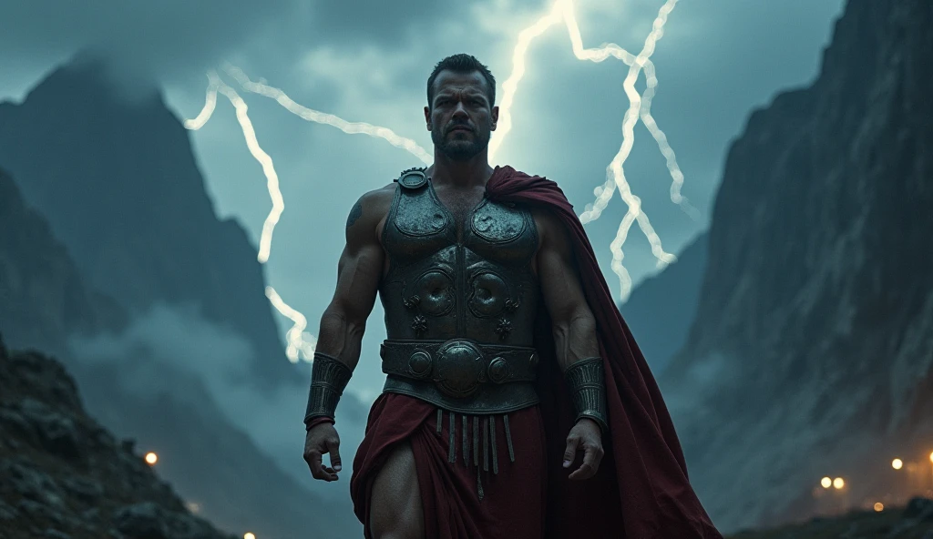 Homem com uma roupa preta segurando uma espada em um quarto escuro, Joel Kinnaman como um deus grego, 8 k filme ainda, portrait of demigod hercules, atraente macho de carne com armadura, Hercules, Dwayne Johnson como Deus da Guerra, Retrato do deus grego Ares, filme ainda 8K, filme ainda de god of war, THOR