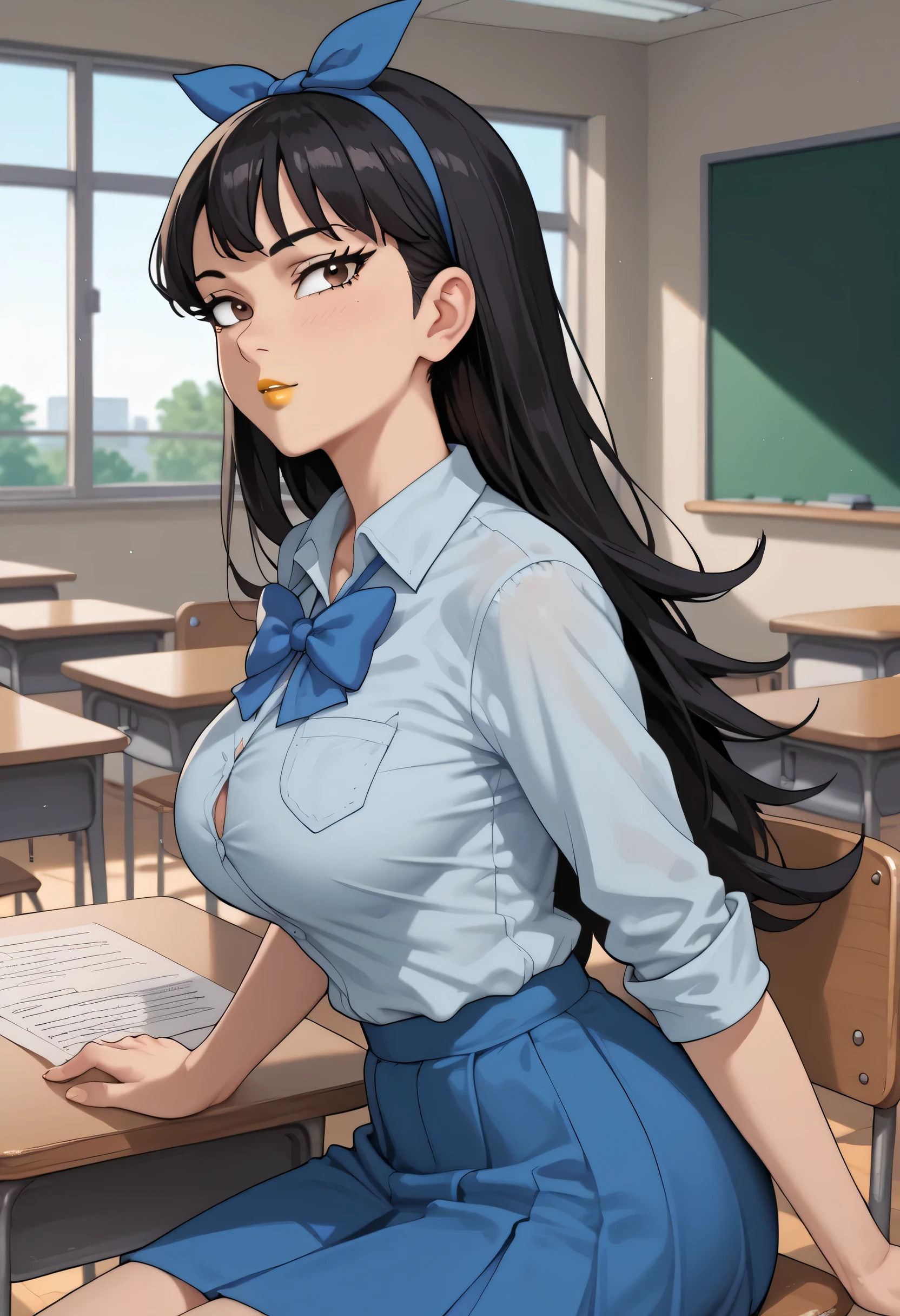 woman, very large breasts, anime style, yellow lipstick, gray skin, black hair, straight hair, side view, looking at viewer, brown eyes, wide hips, focus on character, straight hair, long hair, school, empty classroom, sitting at a desk, blue-green blouse, blue skirt, blue bow on head, Stacy Hirano, Phineas and Ferb 