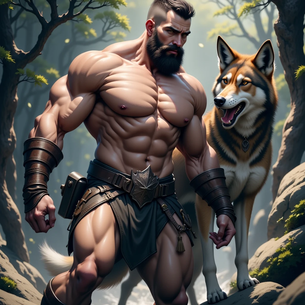 ((evening)),((low lighting)),(((In the dark))),((Chico)), Alone, looking at the viewer, summer,Muscle man,((bearded)),Middle age,quality,full color,extremely detailed,(shirtless),exquisite painting style,(so much sweat),(super wet),(dirty),(by nullghost),iluminación Alone en pectorales,lake pool,Interior ruins,(((,fluid in the body,Oil on the body.))),((white unicorn)),back posture