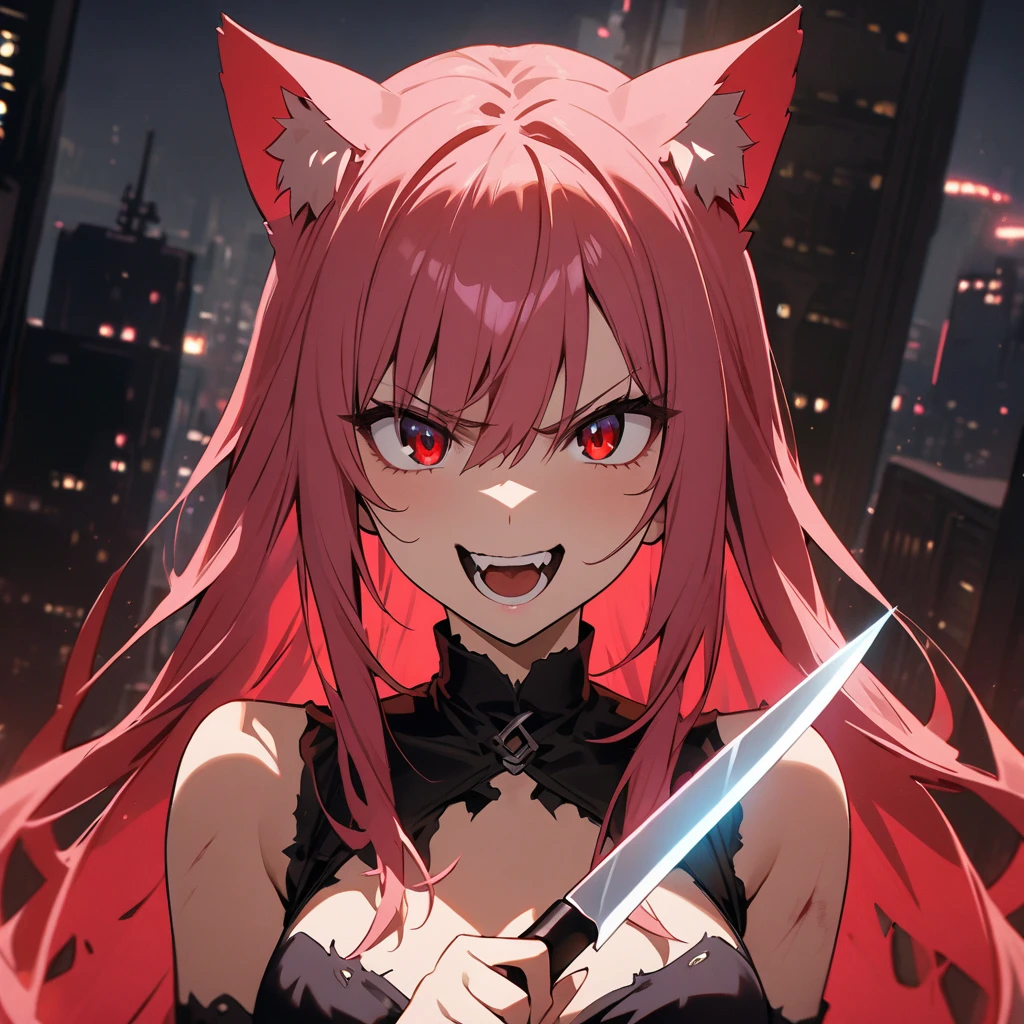 mature, mature face, nose, cat ears, pink hair, red eyes, masterpiece, best quality, painted by greg rutkowski makoto shinkai takashi takeuchi studio ghibli,
(vampire fangs:1.2), vampire, upper body, square shot, face only, fangs, blood on face, open mouth, blood, nosebleed, anime screencap,
