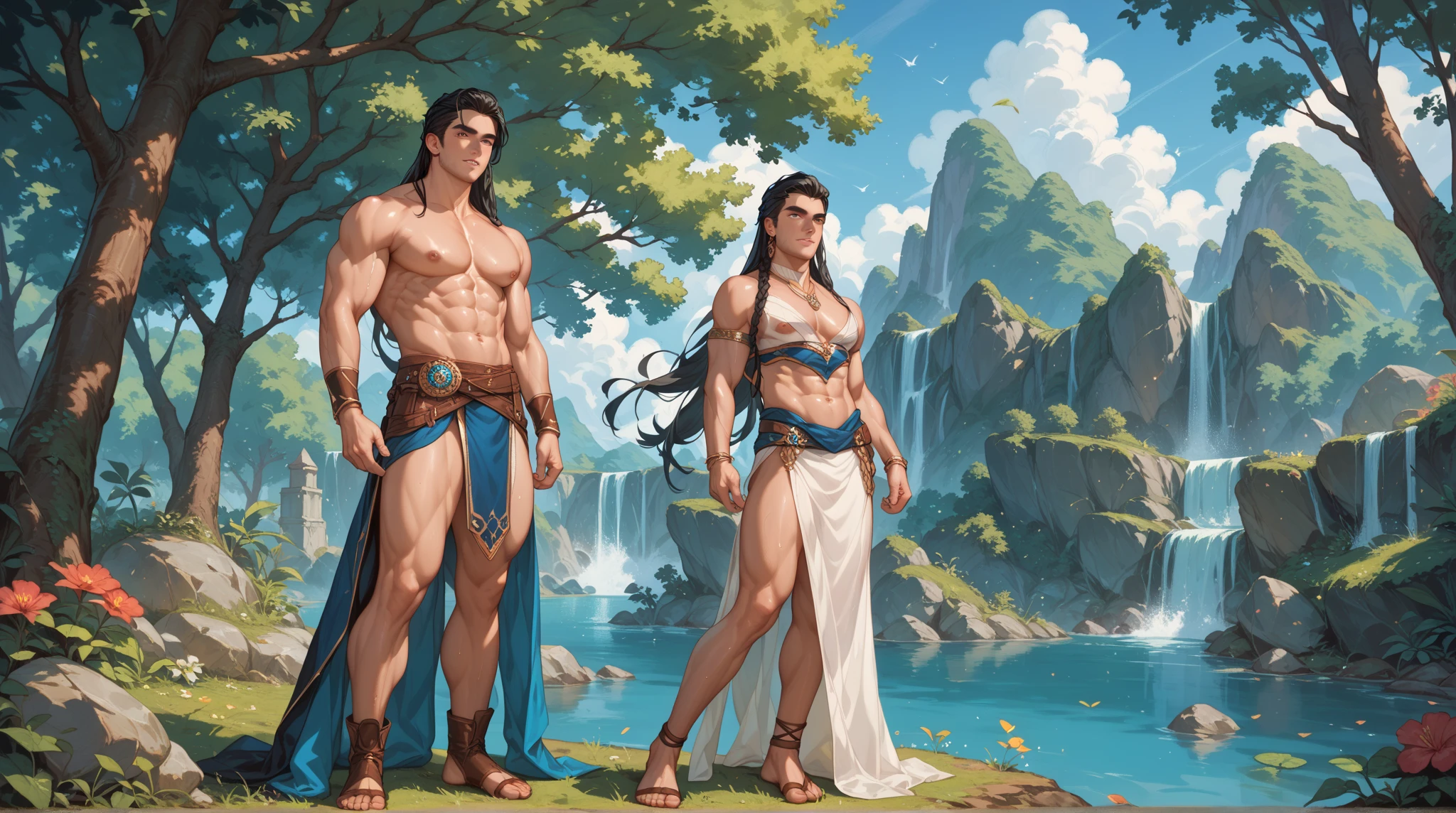 Poseidon Knife,a Greek man god with brown hair and beard with some white hair ,Cao Cao,stark,with muscles so thick and enormous that they are about to leave the body,virile and very masculine wearing ancient Greek costumes and leaving his chest and abdomen exposed,he kisses the goddess Gaia with great lust,a Greek woman goddess with orange blonde curly hair,beautiful face and body,wearing sensual blue and green Greco Roman costumes that would leave her body semi-nude,she would also use a blue cape that Poseidon would be subtly removing,the scene would take place in a forest with Greco Roman architecture ,the couple would be kissing and Posseidon would be squeezing Gaia's buttocks