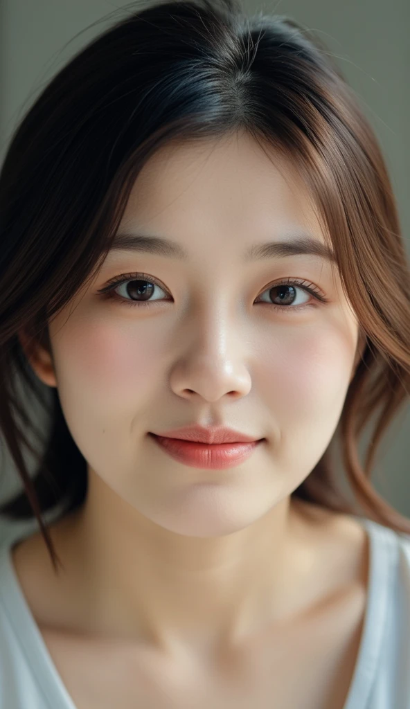 Masterpiece, Best Quality, Photorealsitic, Ultra-detailed, finely detail, high resolution, 8k wallpaper, Professional, high level of detail,1girl in, ((Facing the front)), ((Only lips are in Red)), Detailed clavicle, face perfect, five moles in face, straight hair, (look straight at a camera)