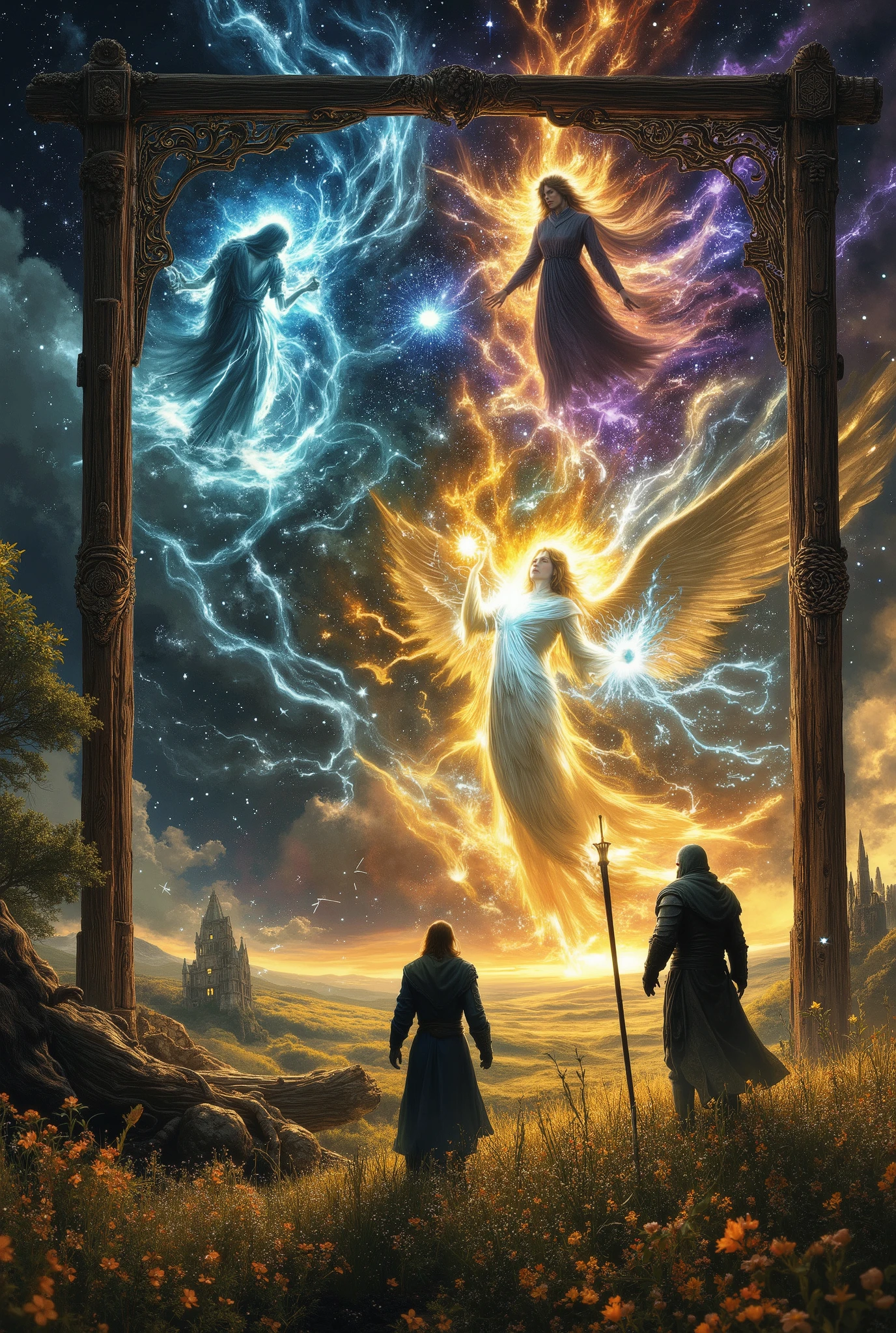 beautiful fantasy, Волшебное Окно с Деревянным полукруглой рамкой узоры на рамке из цвеExactlyй лозы и листьев из состоит из Четырех Стеклянных рамок в каждой рамке изображение, (The First Frame shows a Wizard in a Blue-green robe, who, with outstretched hands, conjures the magical silver wind particles, that is transferred to the Second Frame, background Night and stars), (on the second Frame you can see a girl in a beautiful outfit The Sorceress with the Magic Pot, into the pot The Magic Wind of Silver Particles is flying into the pot, the background of the Night and the Star), (Third Frame is an image of an Angel Girl in a Beautiful Ancient Outfit de, beautiful Snow-White Big Wings From them comes the golden glow of small particles of beautiful delicate, The image transferred to the fourth frame, Daytime background Clouds, Sun), (Fourth Frame Image A guy in Plate Armor is standing Holding the Sword, to whom Golden particles are flying from the third frame of the image, Meadow background Sunny, clear sky, trees), Masterpiece , Art , 8 k, fantasy style, style Gouache oil, Best quality, expressively, Exactly, maximum details, high resolution, complex details, Lots of Details , Wonderful,