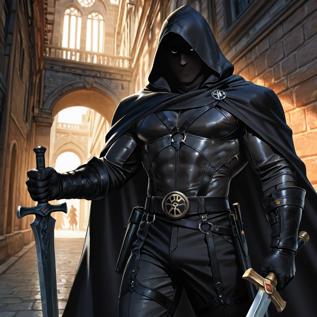 Pointy ears, Muscular man, defined body, developed body, slave, shackled slave, hooded cloak, prisoner, medieval