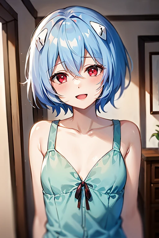 solo Tabletop High resolution Best image quality 8k Adult female Anime Style blue wolf ears short hair((Shortcuts)(Blue Hair)(Perm)(fluffy)) blue eyes Attractive face((Laughter)(smile)(Open your mouth)) Are standing wave hands nobackground