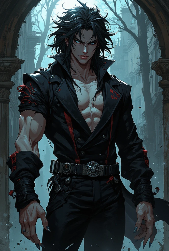 Vampires are handsome, Slim, male body, Detailed faces, Detailed body, wear black suit, blood spatter, black hair color hair, ear nipple ring, Old strange castle in the background, blood floating.