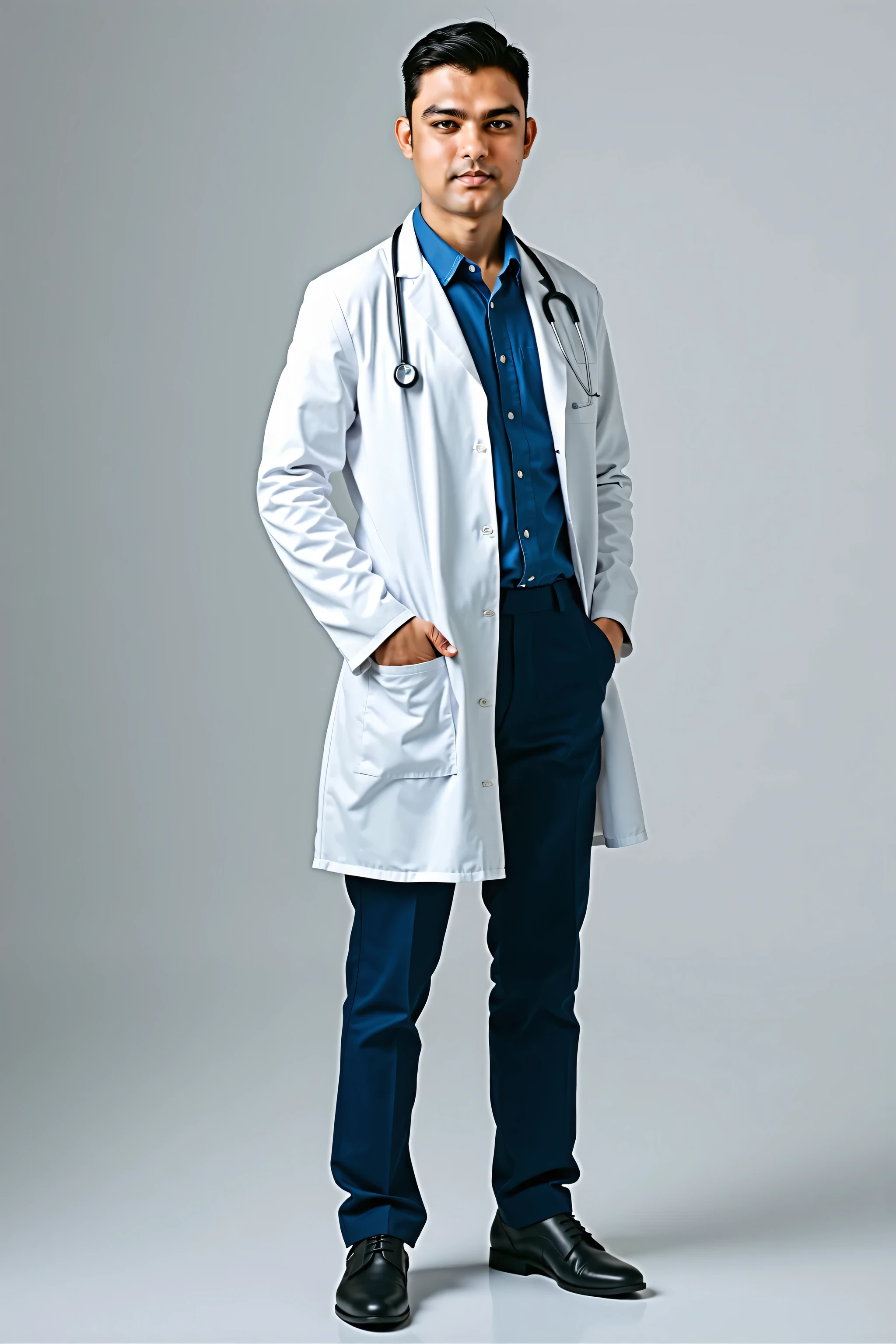 Real Photograph, Generate a full-body photorealistic Avatar from the source image. Use the EXACT face and hair from the source image. Short hair. wearing Male Doctor's clothes and a black shoe. White Background. Ultra HD Quality. 8K Resolution