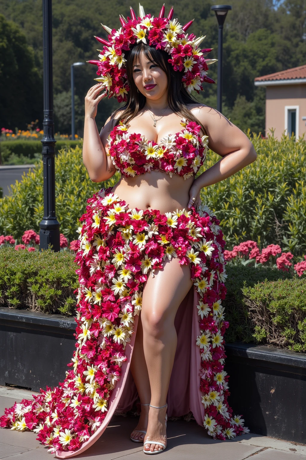 1 big woman in garden wearing transparent pink long frock