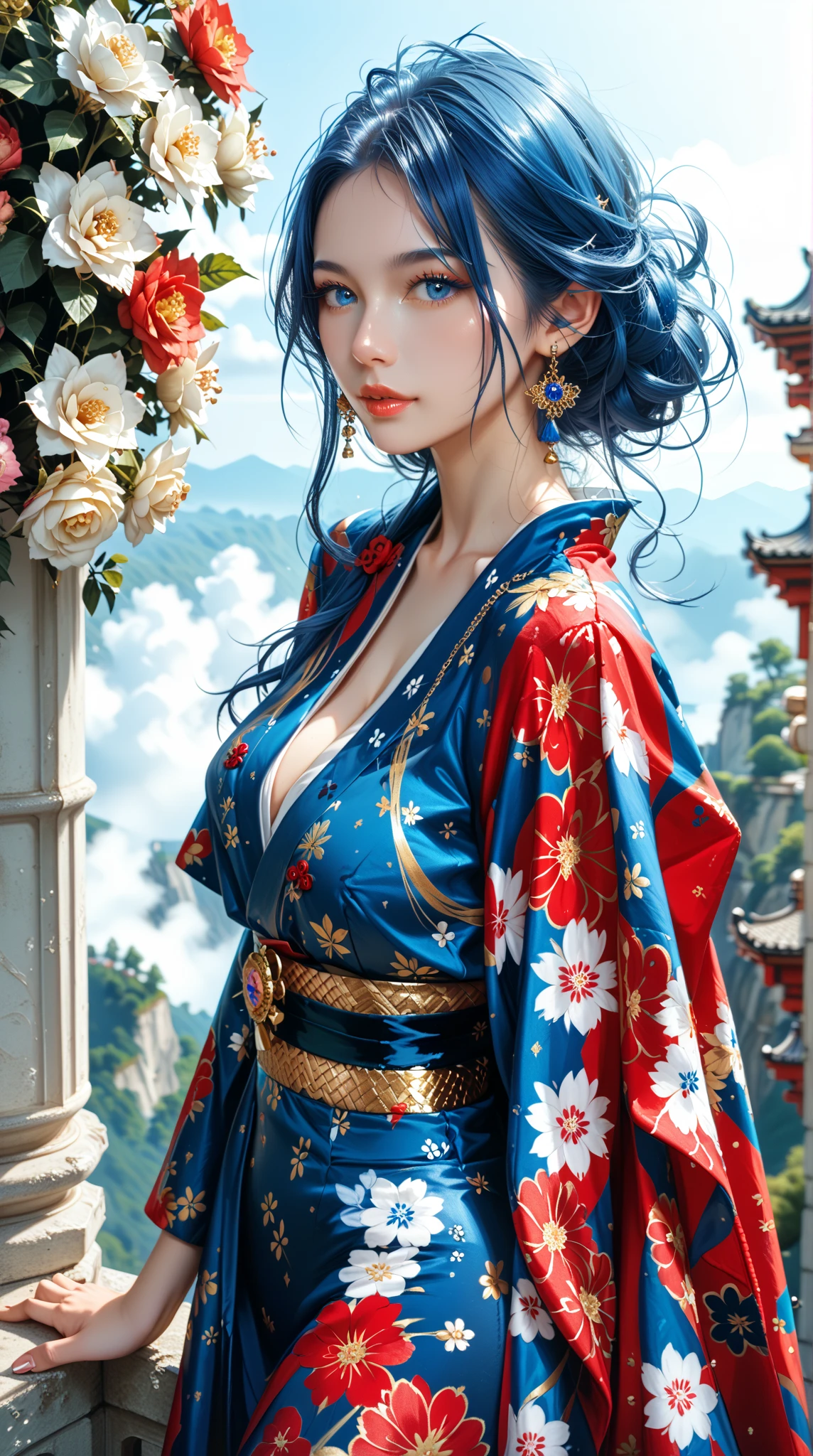 best quality,masterpiece, an extremely delicate and beautiful, CG,extremely detailed ,highres, extremely detailed,depth of field, 1girl,beautiful detailed girl,blue_hair, long_hair, beautiful detailed red eyes,(makeup:1.2),Red lips,light on face,(seductive smile:1.2),big breasts,Cleavage,(thigh),daxiushan,
daxiushan style,indoor, Plant decorations,(cowboy shot:1.5)