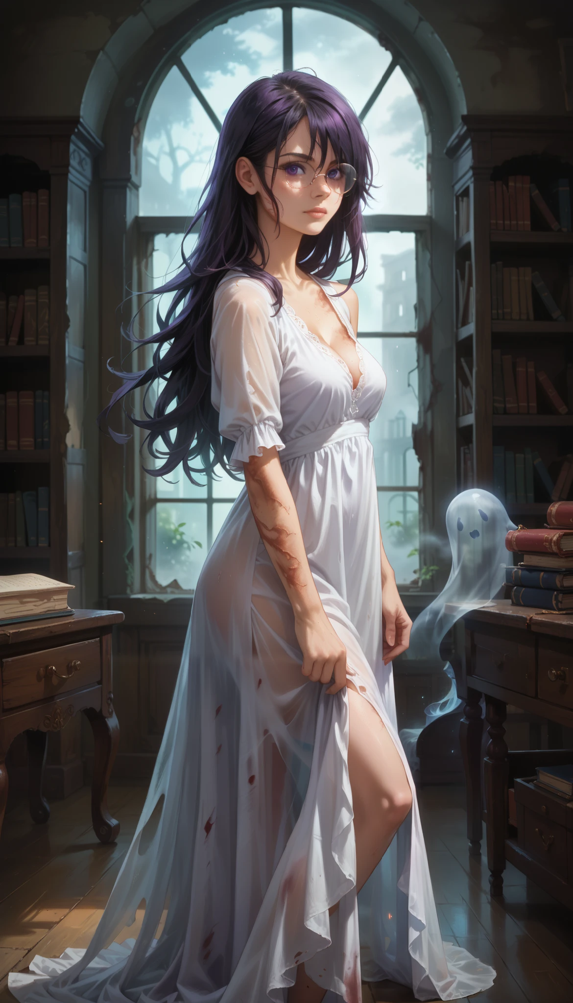 score_9, score_8_up, score_7_up, score_6_up, solo, high detailed picture, realistic style, masterpiece, very young ghost-girl, no panty, disheveled hair, ikezawa hanako, long hair, hair over one eye, purple hair, purple eyes, burn scar, glasses, big brightness eyes, 16k, masterpiece, realistic style, perfect fingers, tomboy, circle-glasses, perfect medium breast, look at you, very long fit leg, narrow hips, soft light, (A tall ghostly girl stands in the middle of an abandoned library, a room shines through her body, a mysterious shimmer emanates from her skin), wearing in long dress, sideless dress, view breast, auralora, photo of a transparent ghost