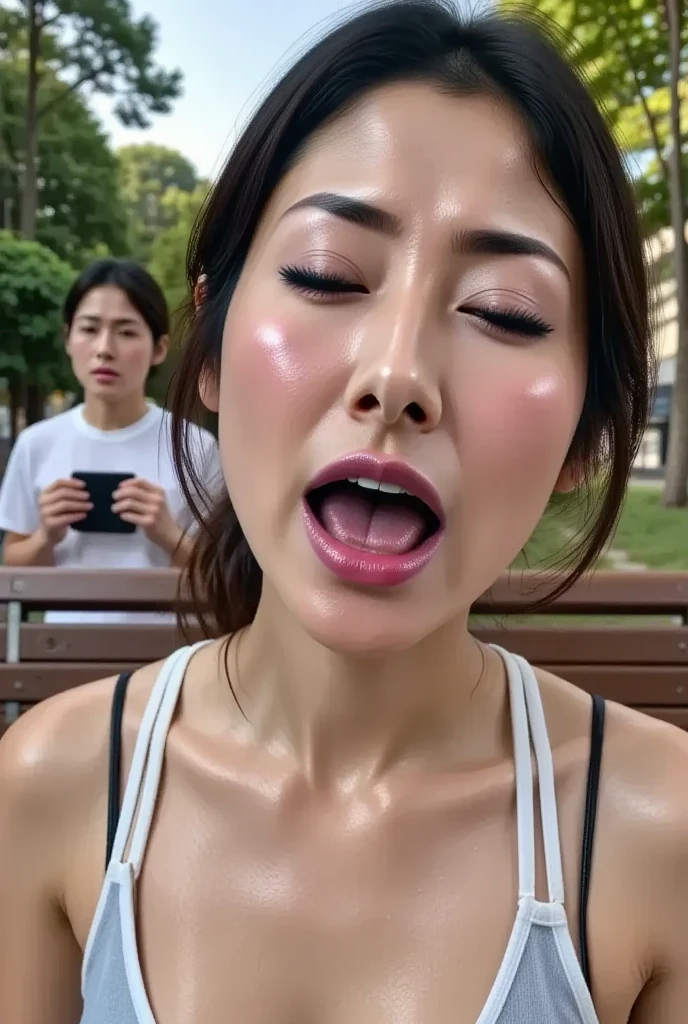 Tabletop,Award-winning photo, Very detailed, Edge Orgasm, Woman with open mouth and closed eyes , Deeply carved face、Tank top、high nose with a pointed point,,,,,,,,,,,,,,,Strong Nose、Long, narrow nostrils、Skin shiny with sweat、Lighting that highlights shiny sweat{Realistic nostrils}, Black-haired、On a bench in the schoolyard、There are many people in the background,There are several children nearby、Shapely breasts、
