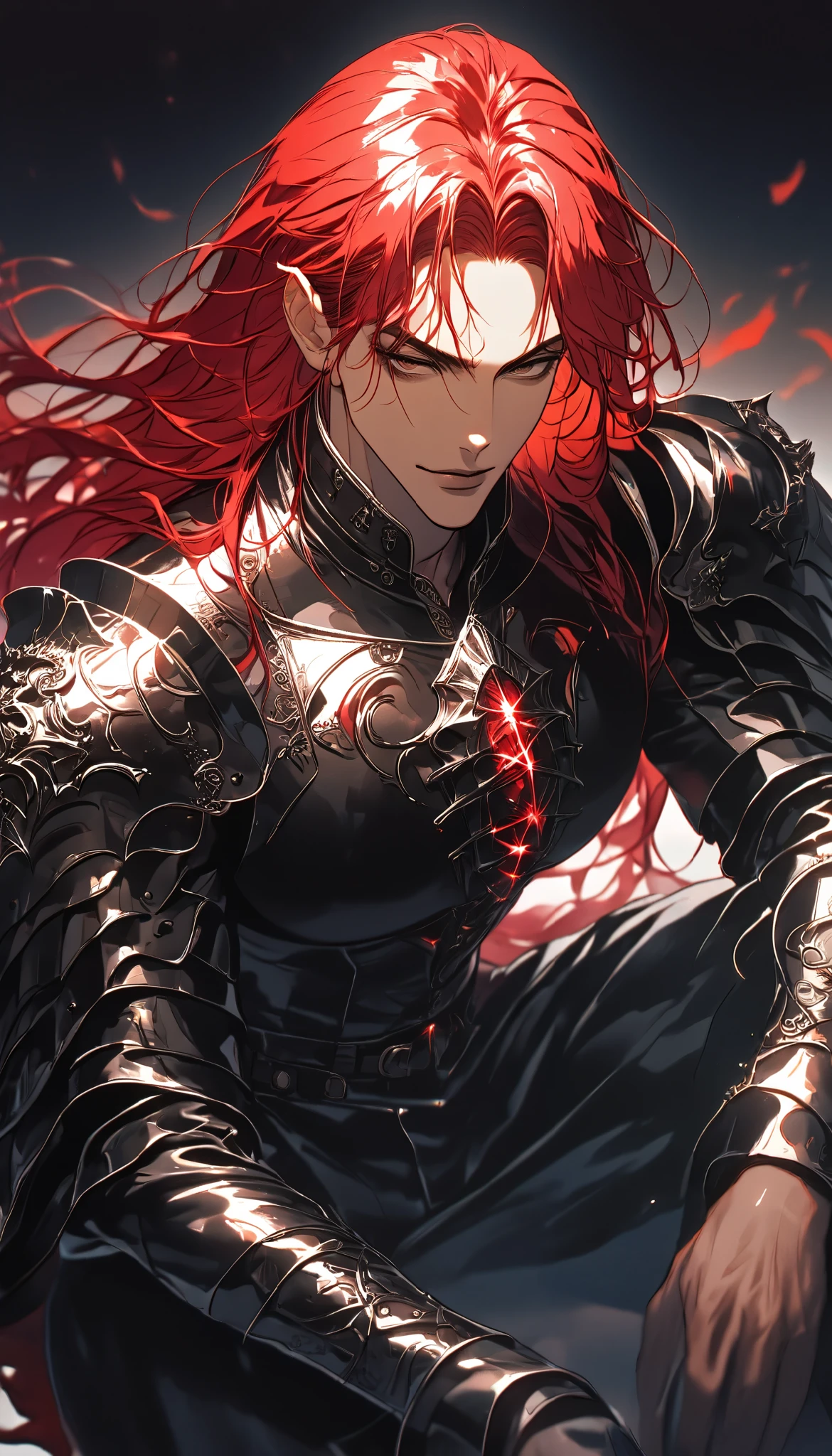 Man with red hair, dark skin, brown eyes, Solo, Long hair, dark bloody armor, Masterpiece, High quality, Shine, Background defocus, Fluorescence, Ray tracing, Illustration, Gothic, dark knight, black magic, spells, red hair, dynamic pose, top view, smirk, berserk, aged, ((broad chest)), bottom view, view from outside, view from above