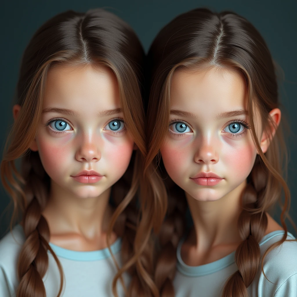 Two girls with bows on their heads posing for a photo, beautiful gemini twins portrait, beautiful gemini twins, dois penteados pigtails, penteado twintails, cabelos loiros olhos verdes, foto de retrato em close-up, penteado pigtails, meninas fofas, Duas meninas, vestindo verde e dourado elaborados, childrens, verde e ouro, vestindo roupas verdes, Retrato CloseUp, garota, ouro e verde