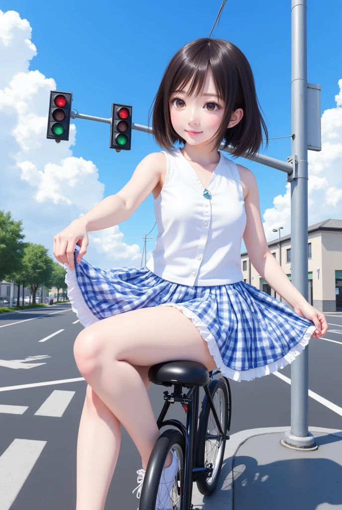 a women with light-brown-skin, round face, (angle from below, drooping eyes, orgasm), lean-back, floral clothes, work-jacket, thin-thighs, no-brown-skirt, (standing and straddling to hit her front-area-of-panties against the edge of pipe that was installed on the street for masturbation), thin necklace, she has pubic-hair, (rugged-sneakers), very short bob,
