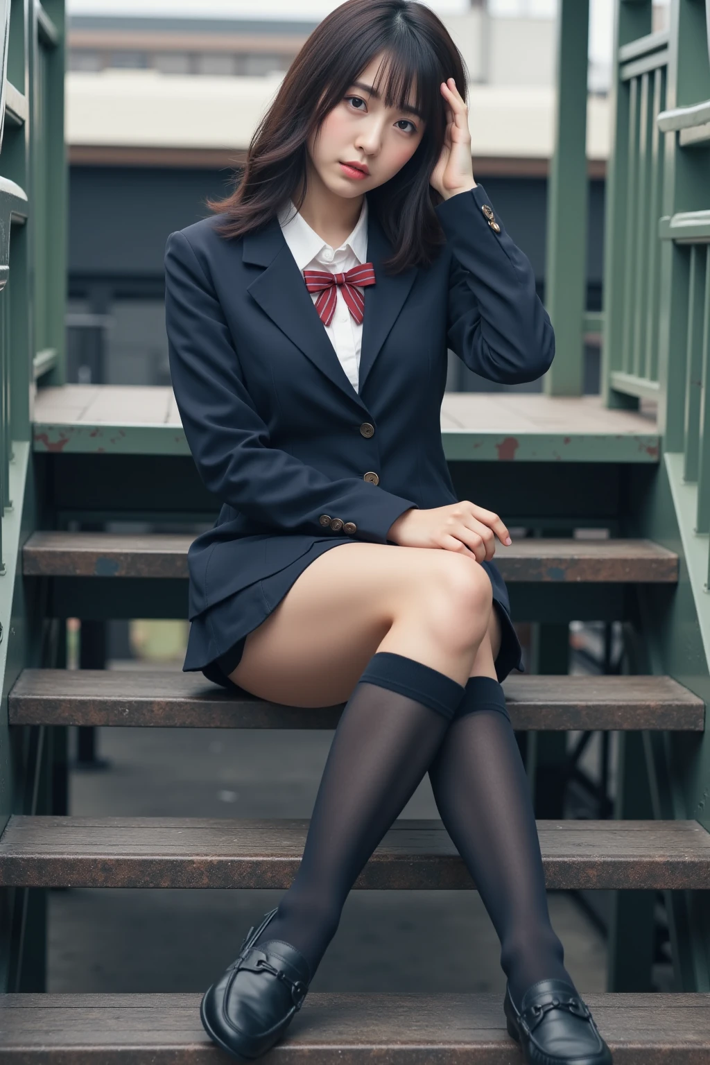 ulzzang-6500-v1.1, (raw photo:1.2), (photorealistic:1.4), beautiful detailed girl, very detailed eyes and face, beautiful detailed eyes, light brown long bob cut hair, ridiculous, incredibly ridiculous, huge file size, super detailed, high resolution, very detailed, best quality, masterpiece, ((Japanese girls' high school uniform)), illustration, very detailed, CG, unified, 8k wallpaper, amazing, Fine details, masterpiece, best quality, very detailed CG uniform 8k wallpaper, light on face, cinematic lighting, 1girl, , ((no panties)), ((dynamic pose))), (camel toe), (half), (pantyhose), (knee-bending leg sitting))