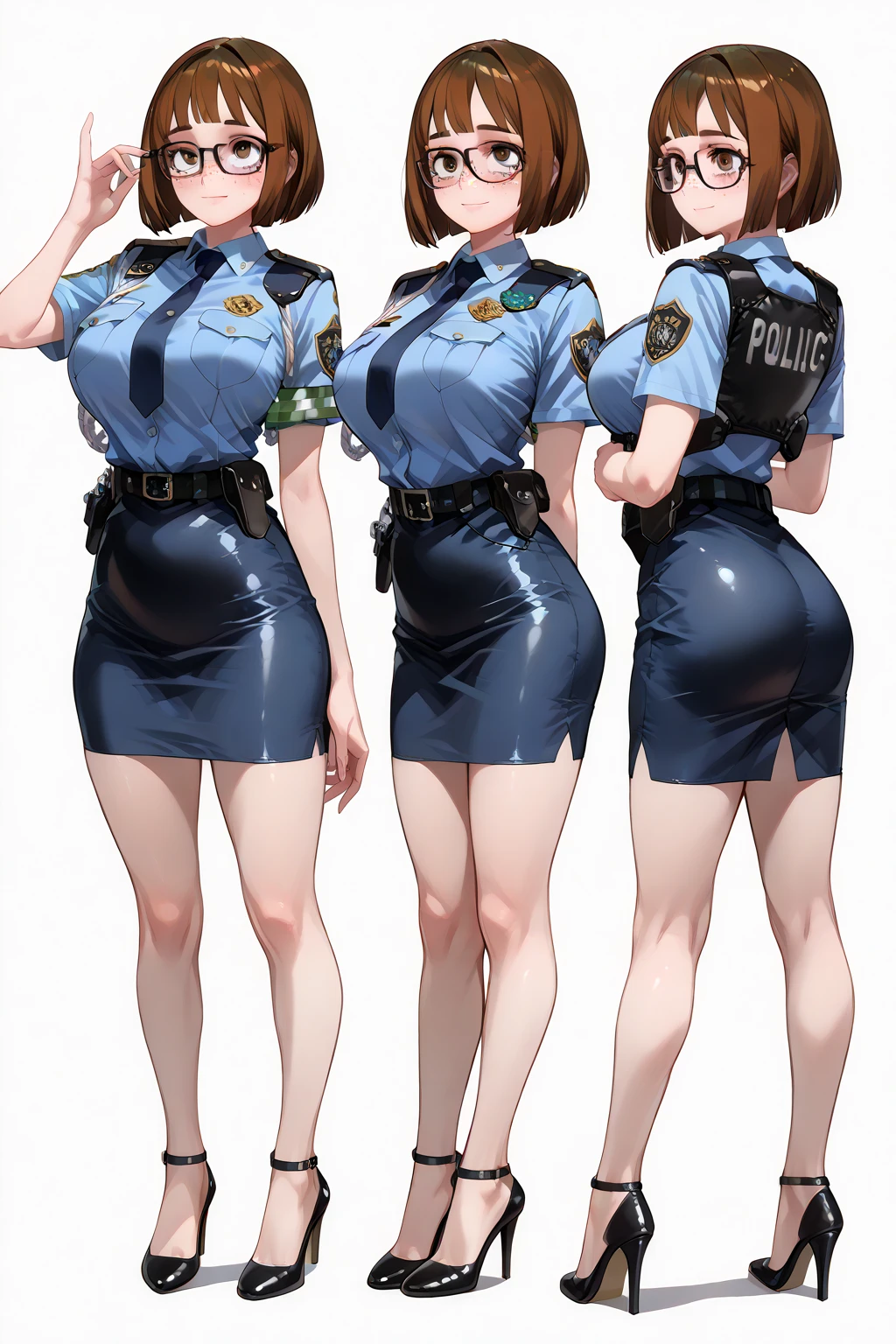 Anime Style,Girl,policewoman,mini skirt,Black Hair、short hair,Large Breasts,Small waist,Big Ass,tall,