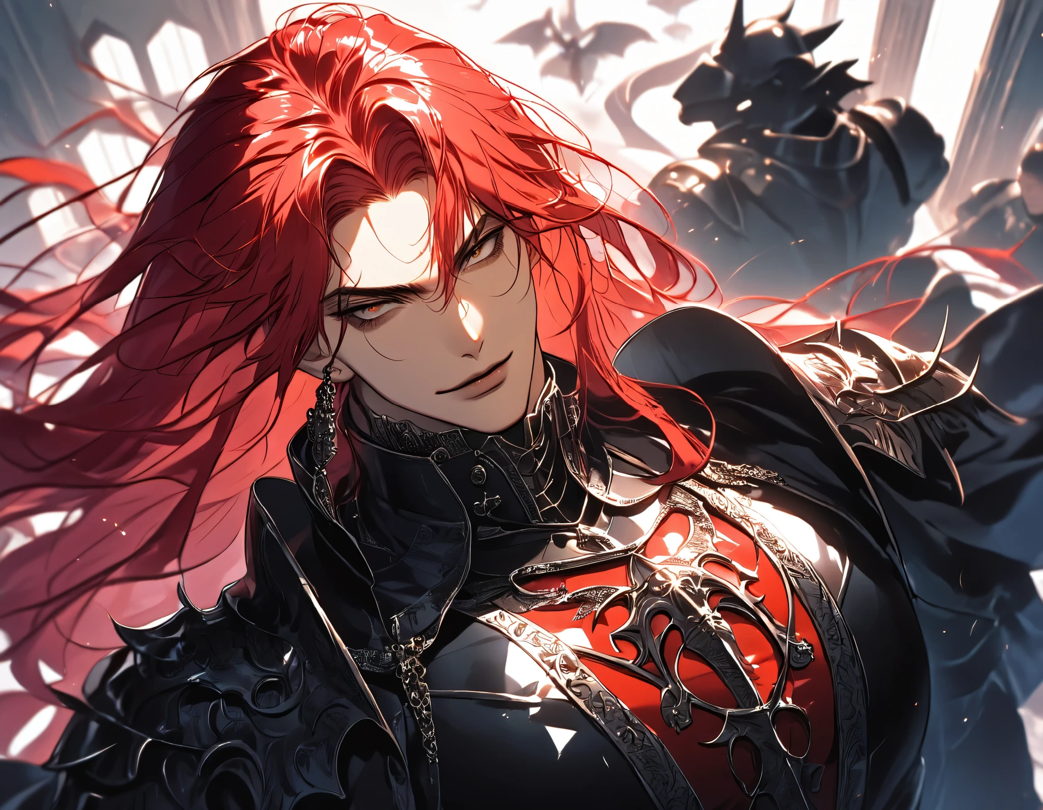 Man with red hair, dark skin, brown eyes, Solo, Long hair, dark bloody armor, Masterpiece, High quality, Shine, Background defocus, Fluorescence, Ray tracing, Illustration, Gothic, dark knight, black magic, spells, red hair, dynamic pose, top view, smirk, berserk, aged, ((broad chest)), bottom view, view from outside, view from above