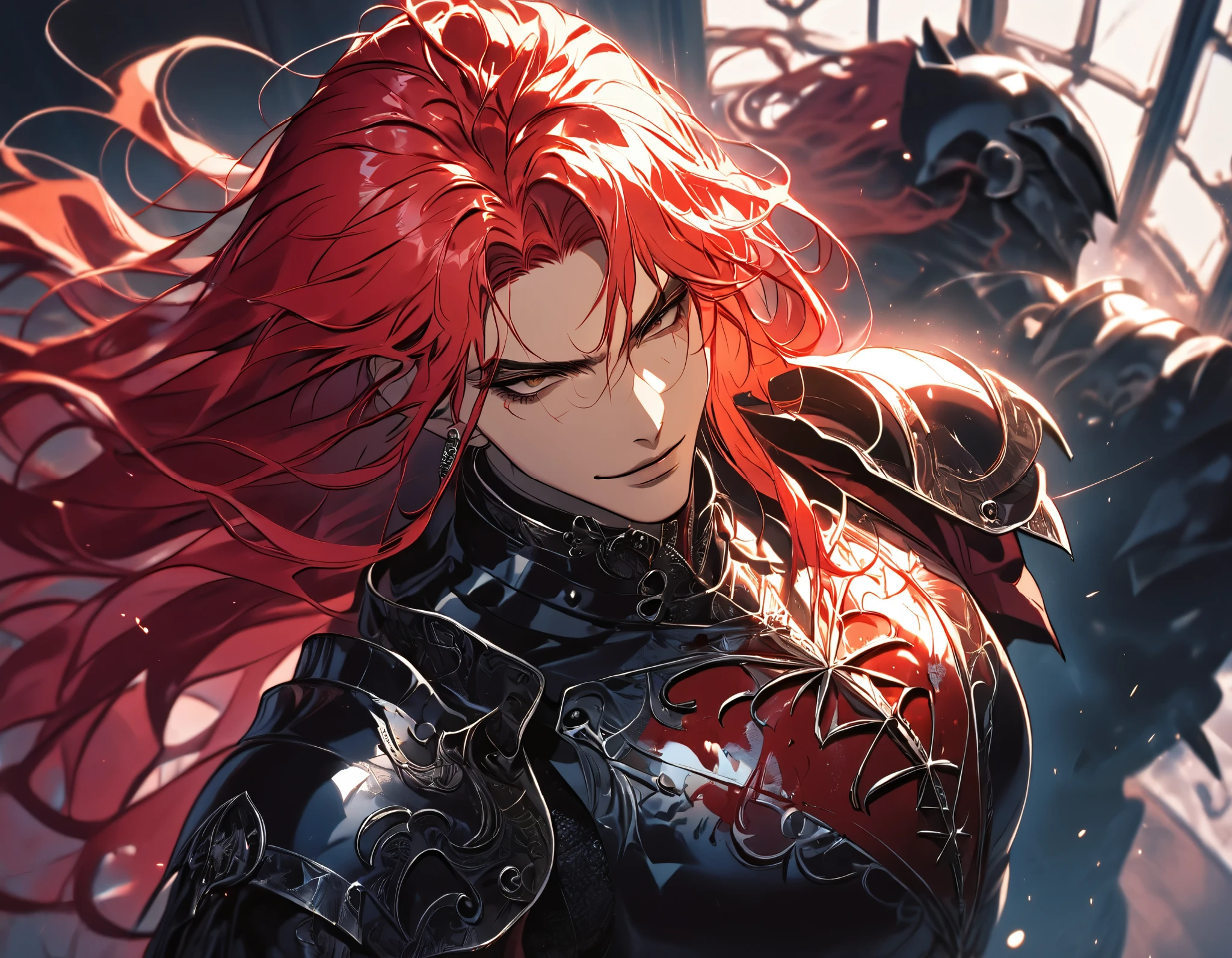 Man with red hair, dark skin, brown eyes, Solo, Long hair, dark bloody armor, Masterpiece, High quality, Shine, Background defocus, Fluorescence, Ray tracing, Illustration, Gothic, dark knight, spurts of blood, bursts of fire, red hair, dynamic pose, top view, smirk, berserk, aged, ((broad chest)), bottom view, view from outside, view from above