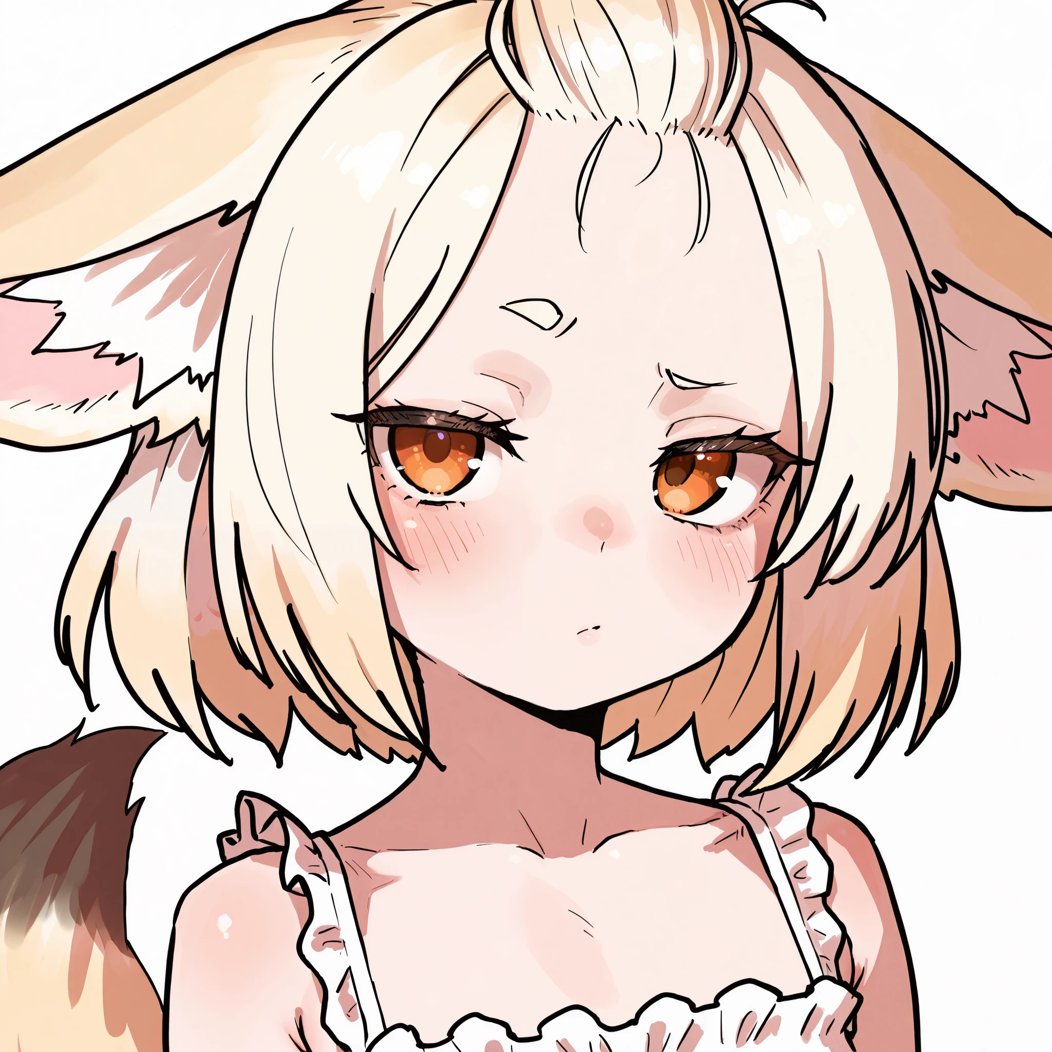 by ekrea jan, by megateru, 1girl, fennec girl, beige hair, short hair, fox girl, orange eyes, animal ears, large ears, animal ear fluff, bangs pinned back, fluffy hair, eyelashes, (round eyebrows), short eyebrows, ears down, , flat chest, small tail, beige fox tail, white dress, sleeveless dress, frilled dress, frilled straps, three quarters, RocksEyebrowRaise, raised eyebrow, portrait, close-up, looking at viewer, white background, simple background, masterpiece, best quality, amazing quality, very aesthetic, high resolution