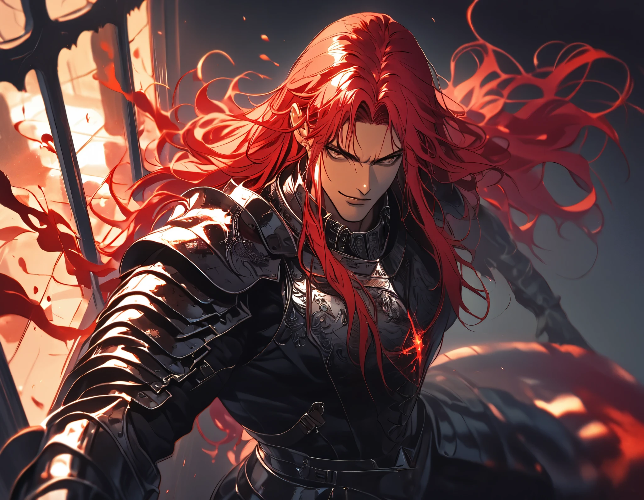 Man with red hair, dark skin, brown eyes, Solo, Long hair, dark bloody armor, Masterpiece, High quality, Shine, Background defocus, Fluorescence, Ray tracing, Illustration, Gothic, dark knight, spurts of blood, bursts of fire, red hair, dynamic pose, top view, smirk, berserk, aged, ((broad chest)), bottom view, view from outside, view from above
