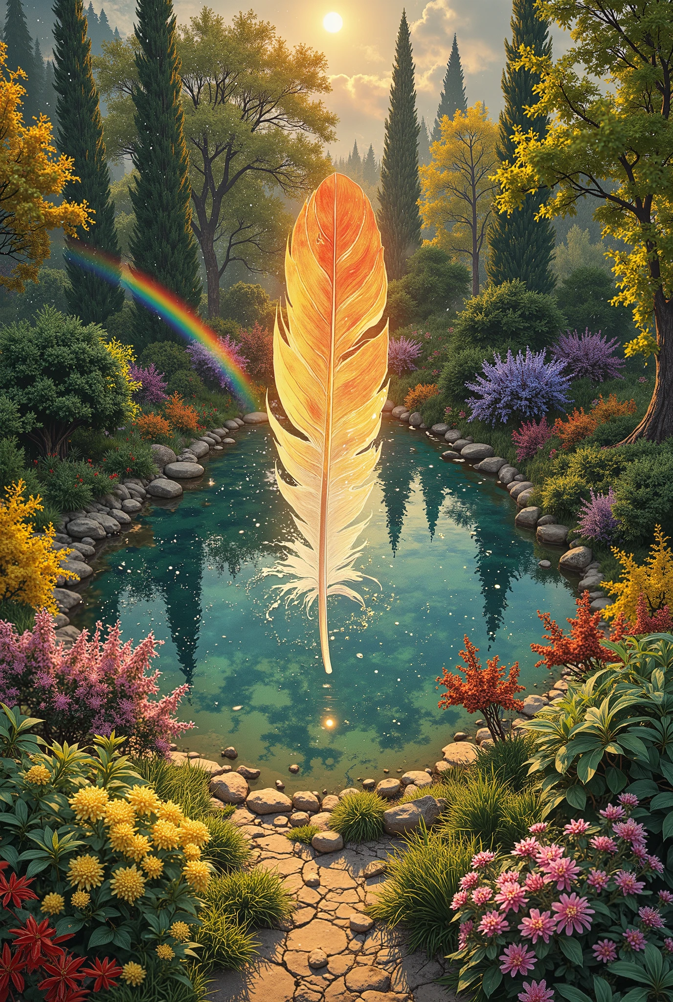Bird's-eye view. A small light delicate fiery glowing feather, floating smoothly, falls down. There is beautiful nature below.Perennial angel oaks. Green cypresses. Yellow acacia, red rhododendron, purple wisteria, blue firs and date palms. There is a beautiful mirrored lake in the middle. Transparent drops of water are flying everywhere. There are splashes of rain and a rainbow around the edge of the frame. Bright sunlight shines on the skylight through a falling feather, creating an incredible fairy-tale effect. Fantasy stylization. Wide-angle lens. Aerial and tonal perspective. Digital art of the highest quality.