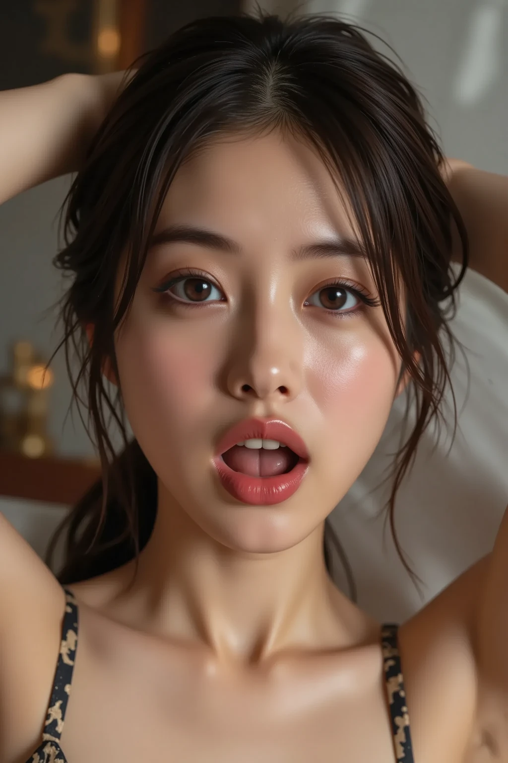 (Realistic:2),(masterpiece:2), (Highest quality:2),8K,Beige lips:2,Pale lips:2,Lips are earthy:2,No makeup:2,Pale face:2,woman,anaemia:2,delicate、beauty、whole body,1 person,(Dry lips:2),Kuma:2,Masturbation:2,(Armpit hair:1.6),pubic hair:2,Spread your knees:2,Thin lips:1.4,Half-open eyes:1.4,Thin and large mouth:2,Subtle lip wrinkles:2,Drooling from the lips:1.4,Quite a high nose:2,Thin Nose:2,(Sleepy eyes:1.2),black eyelids:2,Wavy black hair、(Thin eyebrows:1.2),Narrow forehead,White leotard:2,No sleeve:2,Estrus:2,4K, delicateな体, slim, (Tight waist:2),Fine skin,Dynamic Angle, pubic hairを見せる、Dark underarm skin、Black armpits、(Very detailed), (Detailed face), (Very nice hands:1.4),alone, Realistic Face, slimな腹筋:1.2、double eyelid,Looking into the camera, 完璧な体型を持つ美しいwoman: 1.4, Highly Detailed face and skin texture,Very detailed, Realistic Skinのテクスチャ, Cool girl、See-through leotard:2,Evil Brainwashing、Mind control、Grin、Whisper in my ear、Evil look、Hollow Eyes:2. eyes half closed、Church at night、Swear allegiance、Sexy pose、 (Sticking out tongue, Open your mouth)