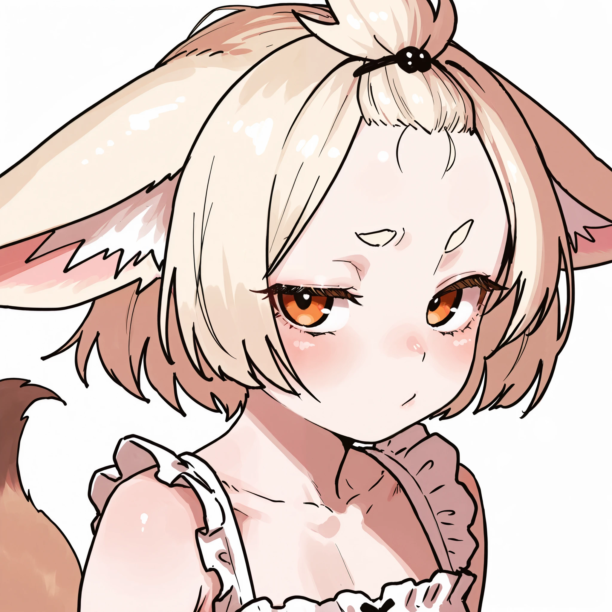 by ekrea jan, by megateru, 1girl, fennec girl, beige hair, short hair, fox girl, orange eyes, animal ears, large ears, animal ear fluff, bangs pinned back, fluffy hair, eyelashes, (round eyebrows), short eyebrows, ears down, , flat chest, small tail, beige fox tail, white dress, sleeveless dress, frilled dress, frilled straps, three quarters, RocksEyebrowRaise, raised eyebrow, portrait, close-up, looking at viewer, white background, simple background, masterpiece, best quality, amazing quality, very aesthetic, high resolution
