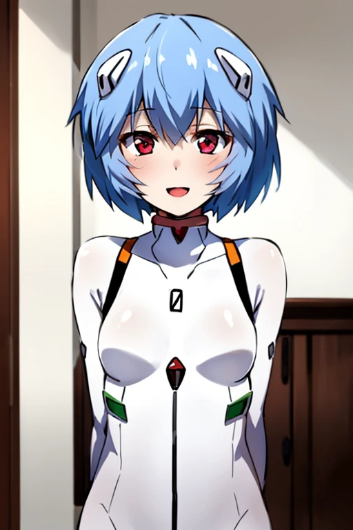 NSFW、((Rei Ayanami、evangerion))、、、No breasts、small breasts、low cephalobody、、full nude、Bedroom、Expressionless、short hair、hands behind head、show one&#39;s side、a lot of sweat