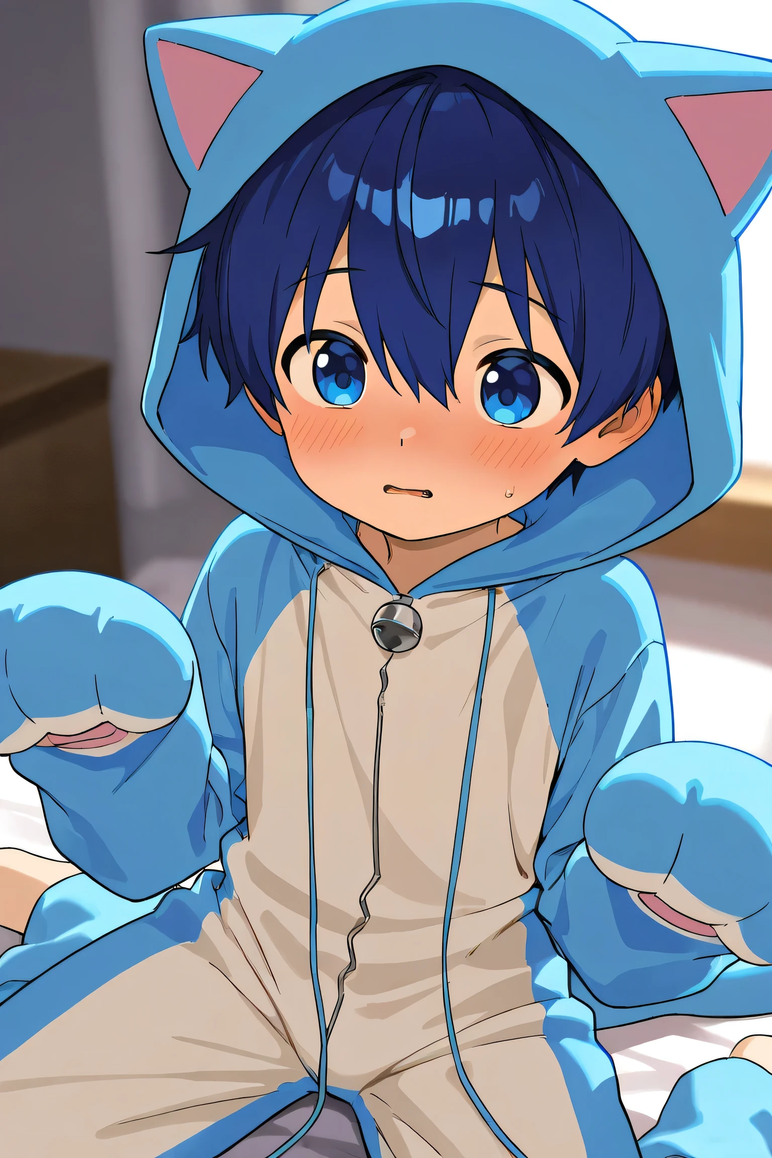 a boy,He has lovely cat ears,Blue short hair,Shota in a latex onesie。