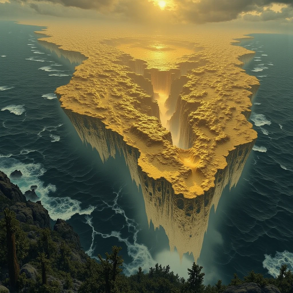 The continent of Mu, made of gold, sinking into the sea, ultra detailed, absolutely resolution, masterpiece