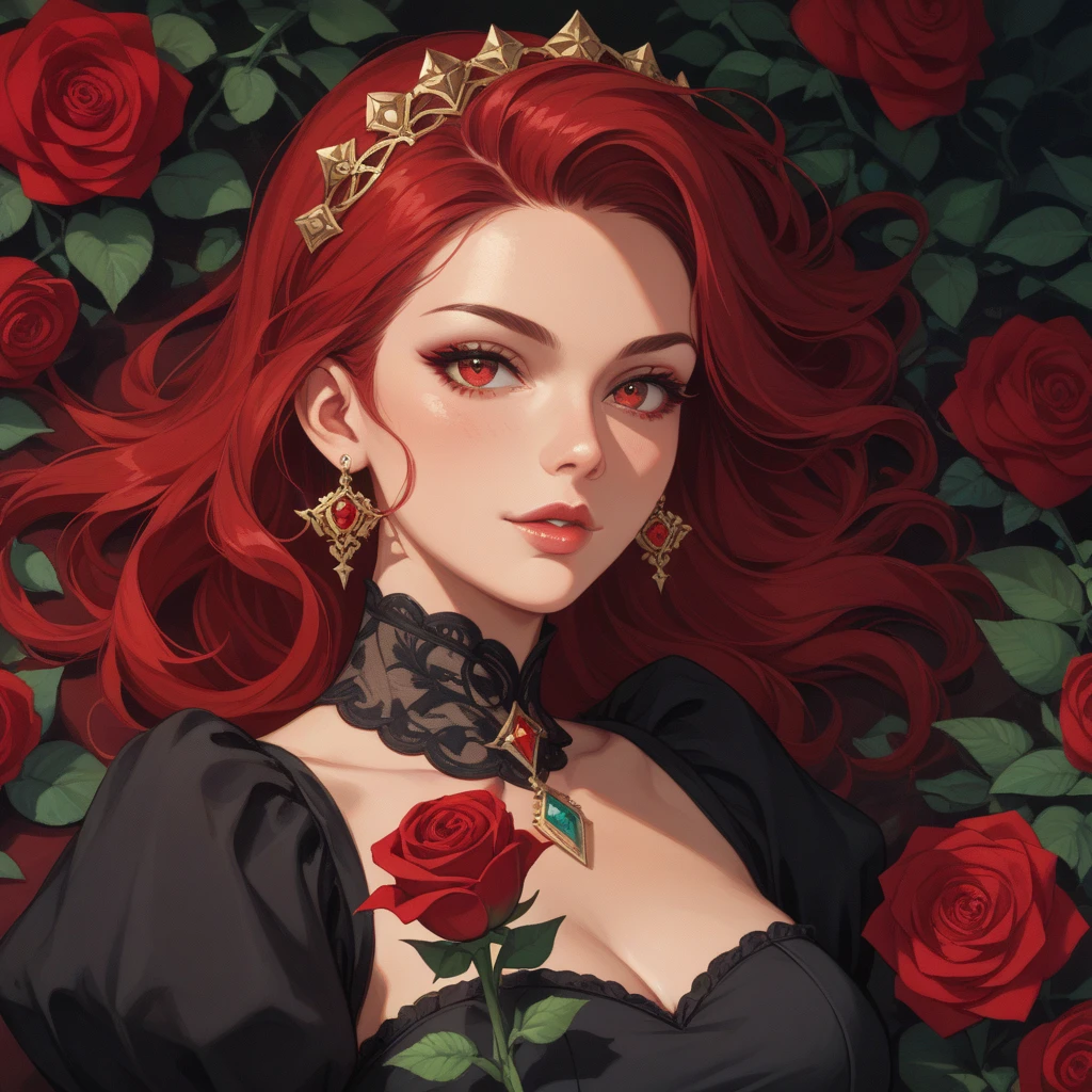 Beautiful woman with wavy hair and two red roses in her hair, with a thin and delicate face she wears red lipstick and has striking eyes, she wears a necklace of red roses, She wears a red and black dress and has two roses on her dress.