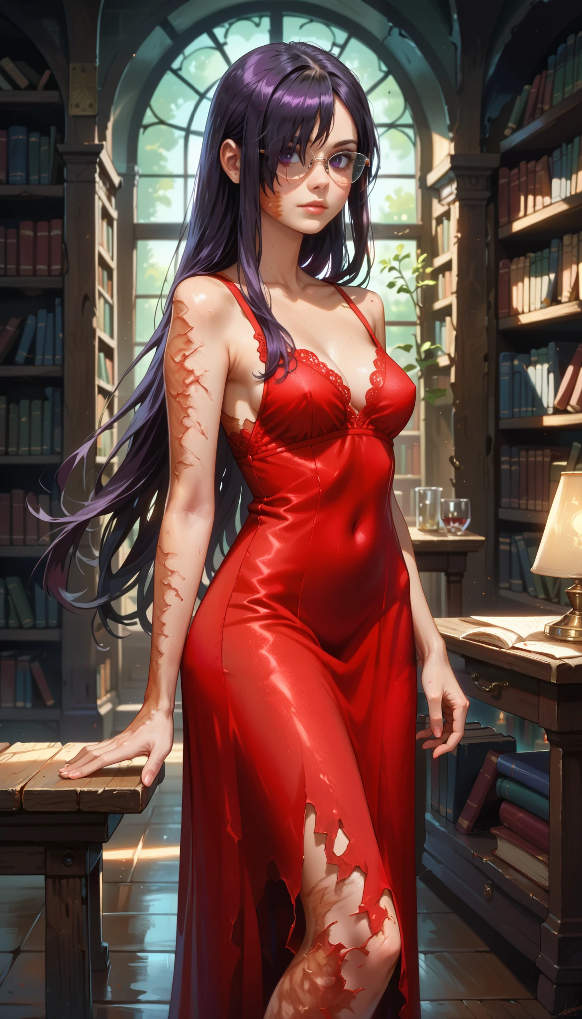 score_9, score_8_up, score_7_up, score_6_up, solo, high detailed picture, realistic style, masterpiece, very young girl, no panty, disheveled hair, ikezawa hanako, long hair, hair over one eye, purple hair, purple eyes, burn scar, glasses, big brightness eyes, 16k, masterpiece, realistic style, perfect fingers, tomboy, circle-glasses, perfect medium breast, look at you, very long fit leg, narrow hips, soft light, (A tall ghostly girl stands in the middle of an abandoned library, a room shines through her body, a mysterious shimmer emanates from her skin), wearing in long dress, sideless dress, view breast, auralora