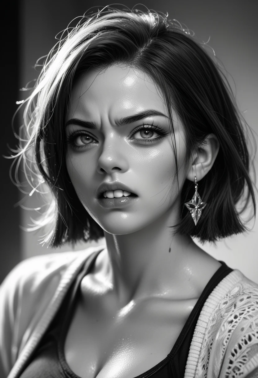 photorealistic, Masterpiece photo in shades of gray, woman with disheveled hair and tiny post-apocalyptic clothes, cute sexy, (Detailed wasteland background), ultra sharp focus, Detailed face, (((posing))), random hair color, short hair, Beautiful eyes, whole body, high quality black and white image