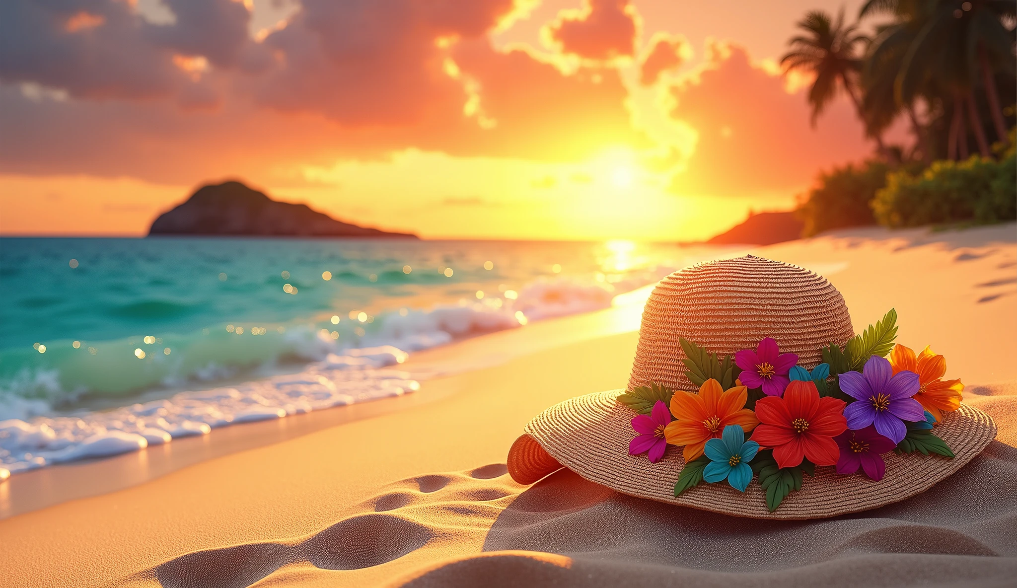 sand and sea, a hat with flowers on the sand, sunset, paintinga serene beach landscape, wide sandy shore, azure ocean waves, dramatic sunset sky, a sun hat decorated with colorful flowers lying on the sand, oil painting, photorealistic, 8K, HDR, physically-based rendering, professional, vivid colors, cinematic lighting, golden hour glow, atmospheric mist, tranquil, calming