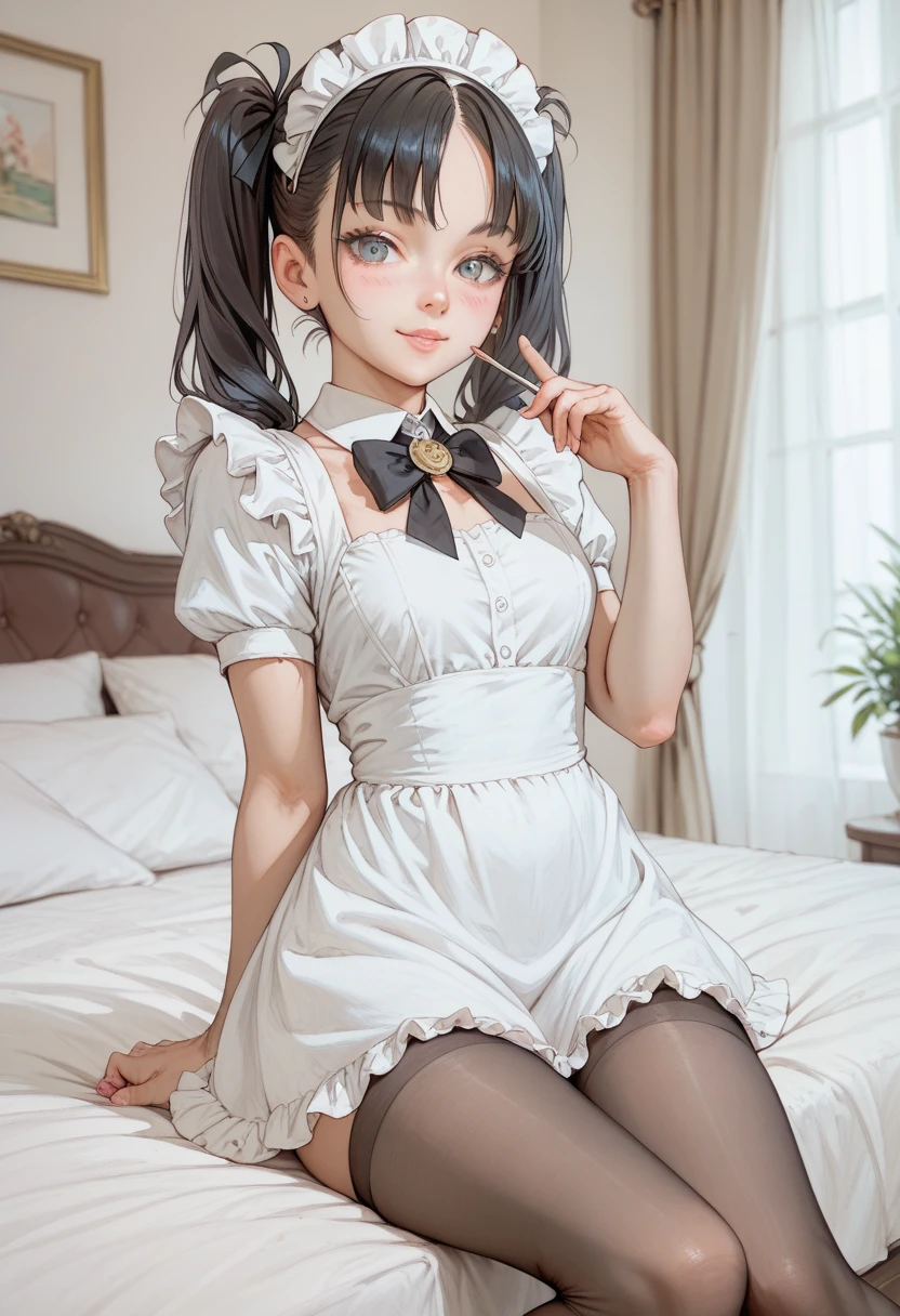 a cute girl smiling, white nylons, white mary_janes pumps