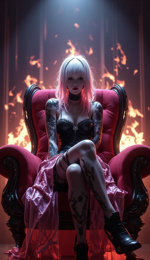 Nicki Minaj sitting in chair with duck tape around her mouth as blood drips off the chair and blood is all over her white dress. She’s wearing a pink wig pitch black background