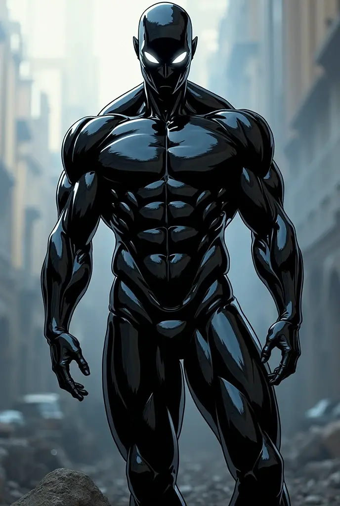 humanoid man, shaved hair, muscular and black