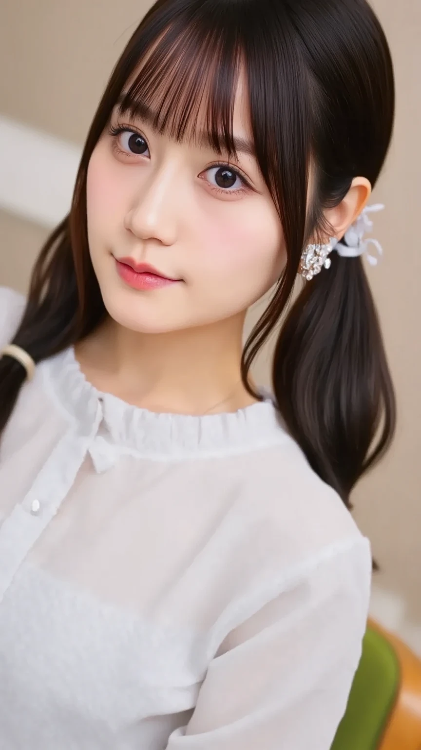 (Highest Resolution, clear_Image 1.2) 、(Beautiful girl with golden ratio face)、()、(Very lively eyes、wolf eyes 1.2)、wonderful, Tabletop, Attention to detail, Lip gloss、(((Twin-tailed rabbit style)))、Very beautiful girl、 alone, Beautiful girl like a model、(Long sleeve sailor suit、Very fine pleated scarf, Beautiful and exquisite, Attention to detail nose,((((Licking tongue)))、Top quality photo masterpiece、Incredible photo realism、Surrealist female portraits by David Hockney and Alphonse Mucha,(((Looking into the camera)))、((((Serious Eyes)))、(((Add highlights to the eyes)))、(((Looking into the camera)))、幸せそうにsmile,Perfect Makeup,smile,(14-year-old girlyes、wolf eyes 1.2)、