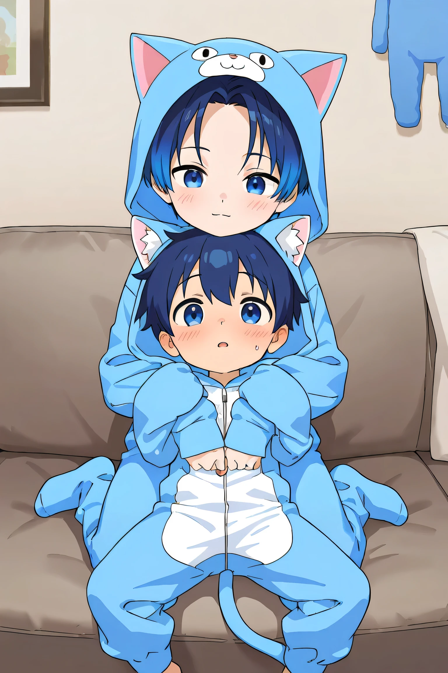 a boy,He has lovely cat ears,Blue short hair,Shota in a latex onesie。