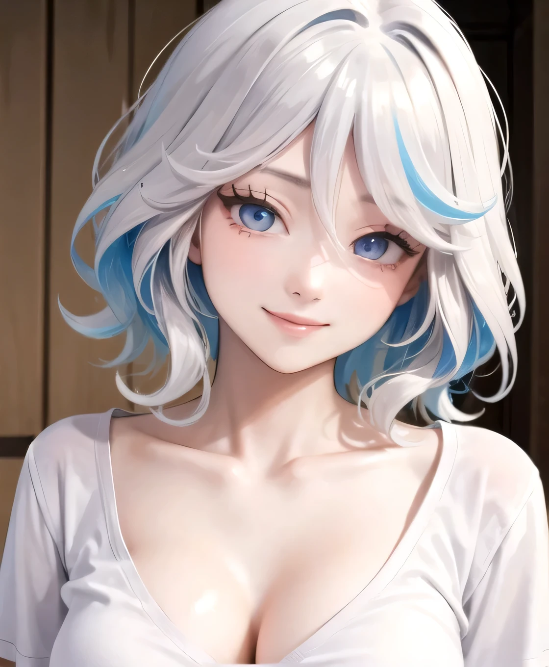 ((best quality)), ((masterpiece)), (detailed), perfect face. Asian girl. Smile. White hair. Small breast. Nipple. Armpit. Pink panties.