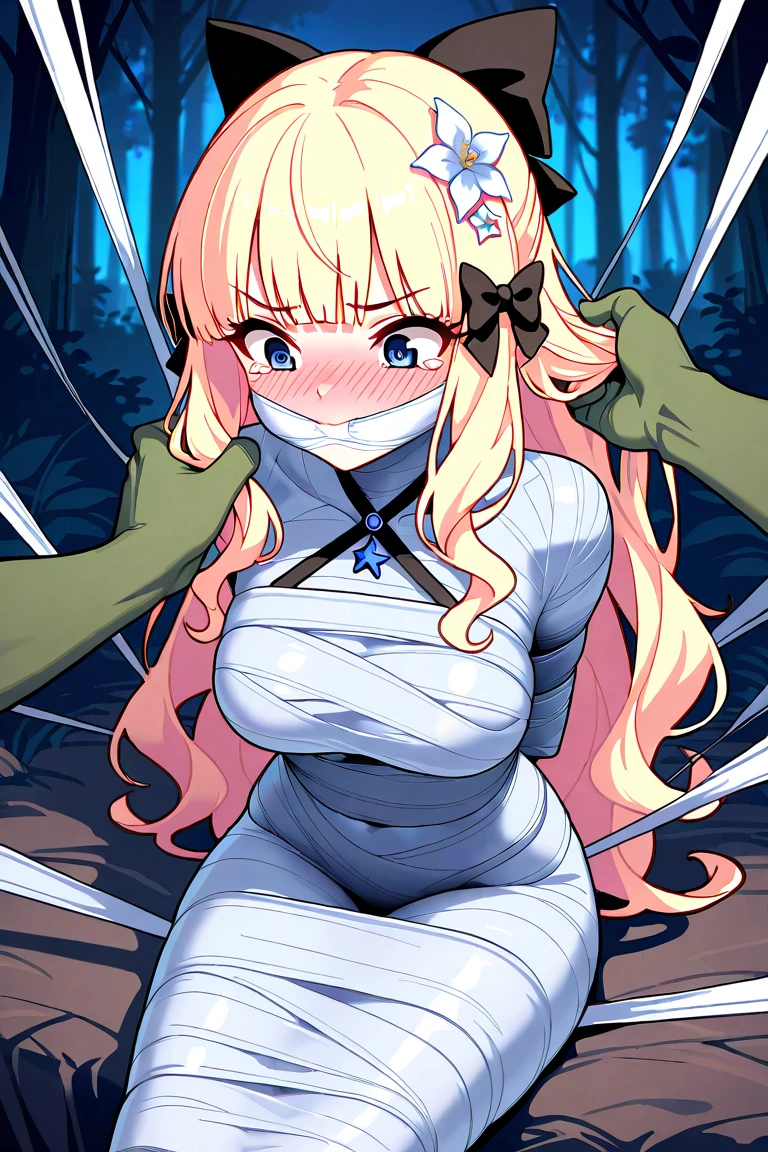 masterpiece, best quality, 1girl, solo, looking at viewer, Enome, blonde hair, length hair, floating hair,large breasts , breasts out, (arms behind back:1.4), hanging,spiders in the web,long spider, Hinata, desperate,struggle, entangled, embarassed face, despair,cocoon, blushing face, fucked by spider, spider touching her,(spider touching her), holding hair, pov spider's leg pulling hair, hair played, hair toying, (spider raises her hair), silk gagged