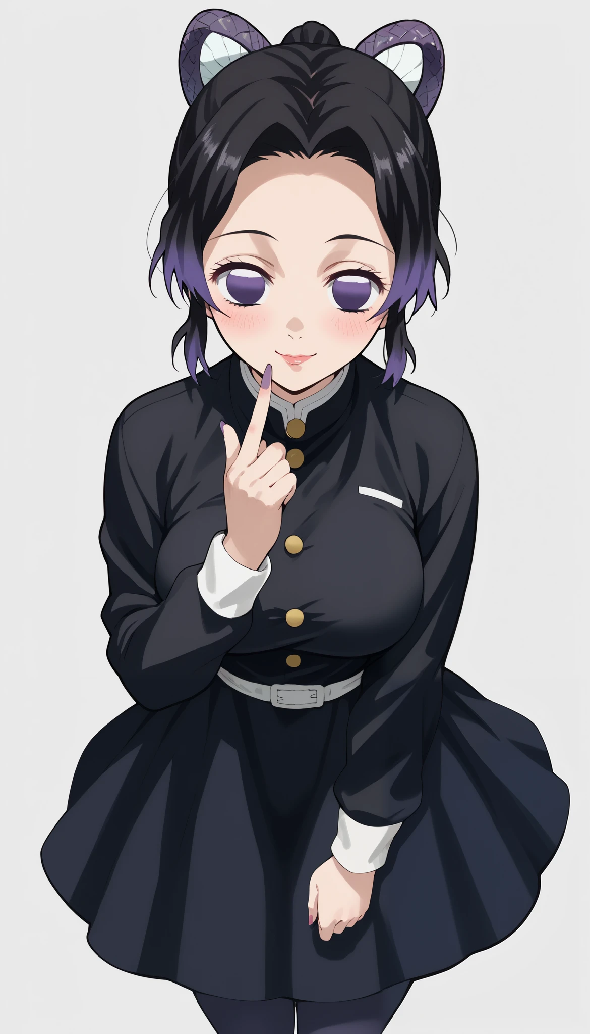 score_9, score_8_up, score_7_up, score_6_up, score_5_up, score_4_up, (masterpiece: 1.0), best quality, 1girl , Alone, Viewer, simple background, double ponytail hairstyle , The braid is placed on the chest, Expression of disdain, Devil costume , Devil horns, Vertical middle finger gesture , blush, Disdainful Eyes, From above, big breasts, style: midjourney, KShinobuXLV4