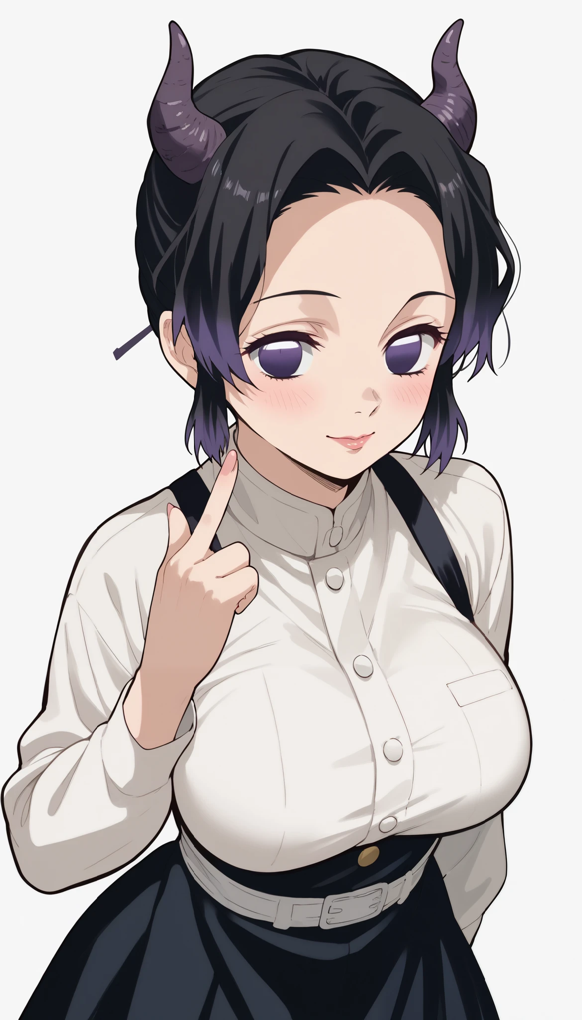 score_9, score_8_up, score_7_up, score_6_up, score_5_up, score_4_up, (masterpiece: 1.0), best quality, 1girl , Alone, Viewer, simple background, double ponytail hairstyle , The braid is placed on the chest, Expression of disdain, Devil costume , Devil horns, Vertical middle finger gesture , blush, Disdainful Eyes, From above, big breasts, style: midjourney, KShinobuXLV4