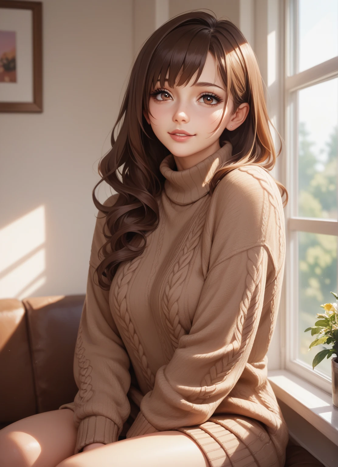 Beautifully detailed、High resolution portrait masterpiece of a girl with long hair。, Shiny brown hair and captivating green eyes, Wear a cozy sweater、She has a gorgeous smile that accentuates her small but perfectly shaped breasts.. Open chest