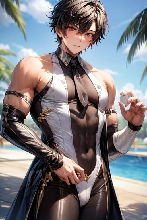 realisticlying,(tmasterpiece,top Quority,best qualtiy,offcial art),The is very detailed,Colorful,Most detailed,Kamimei,short detailed hair,Black color hair,Handsome man,Mare,choker necklace,sandbeach,Libido boy,large pecs,Big bag,Half recumbent,CG sense,POV perspective,spread their legs,8K,Cinematic lighting effects,Textured skin,best qualtiy,Storytelling images,Storytelling images,dynamic blur,actionpose,Elevation viewing angle,with brown skin,Serious expressions,Hot gas,Keep one's mouth shut,Abs,full bodyesbian,solo person,Bare legged,Foot odor,dermatophytosis,white short socks,Sitting down,Undress,Take off your pants,musculous