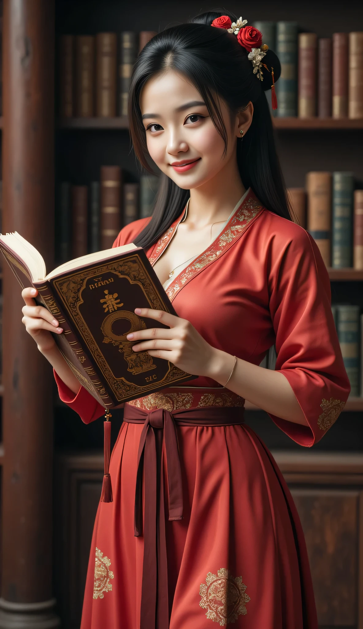 A hyper-realistic image of a prehistoric tribe fullbody indigenous chinese hanfu female scholar, symmetrically balanced in image composition. The indigenous busty scholar is depicted in a full body angle view, showcasing her lively, lusciously vivacious, and shapely body. She is wearing a realistic primitively indigenous hanfu scholar cultural shapely kimono gown. The scene includes a well-rounded prehistoric chinese female scholar holding lifted and read up the anciently large size ancient chinese encyclopedia, studying, smiling. The background features an anciently deep chinese library scenery with central leading lines, creating a sense of depth on ultra-wide angle. The image has UHD ambience, with a wide zoomed-out perspective, realistic textures, soft lighting, and a wide-angle view. The scholar's hands are accurately detailed with full human finger anatomy, and her hair is shiny and lifelike. The overall style is reminiscent of Far Cry 5 game artwork, with additional details and body fixes applied. The combination of influenced of TikiPunkAi Artwork, SolarPunkAi Artwork, and GreenPunkAi Artwork. **Prompt:**    Create a hyper-realistic image of a prehistoric Chinese tribe, featuring a full-body portrait of a female scholar dressed in a beautifully crafted, indigenous hanfu gown. The scholar is depicted in a dynamic full-body angle, her vivacious demeanor highlighted as she holds a large ancient Chinese encyclopedia, luminous with knowledge and joy. The composition should be symmetrically balanced, drawing the viewer's eye through the intricately designed ancient library backdrop, characterized by deep, rich textures and leading lines that convey depth in an ultra-wide angle perspective. Illuminate the scene with soft lighting to enhance the lifelike qualities of her shiny hair and detailed hands, showcasing the anatomy of her fingers. 