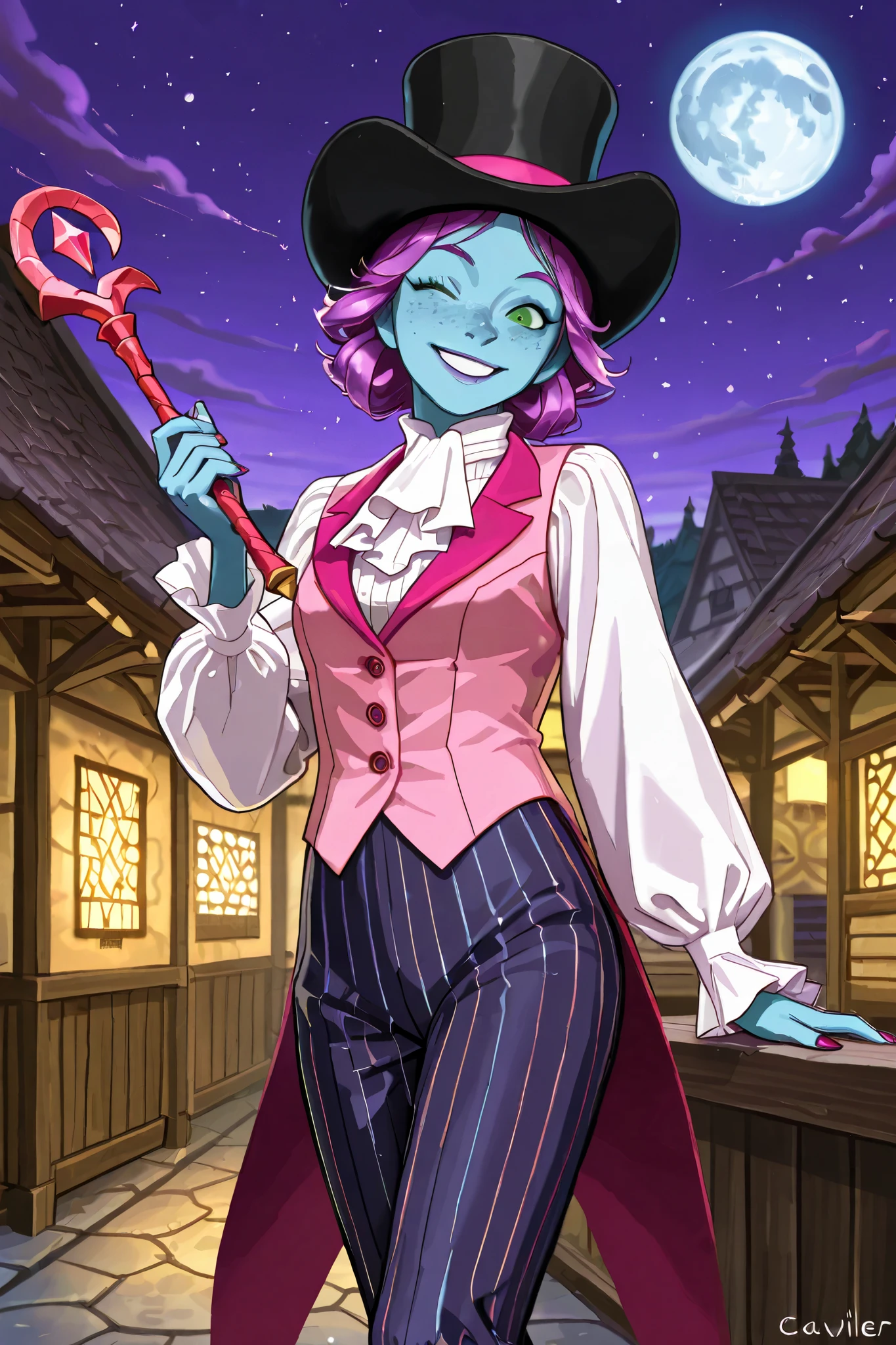 triton, solo, female, blue skin, lavender colored hair, freckles, (wearing a large pink silk top hat), green eyes, (wearing a pink vest), [[a ruffled colonial white shirt underneath the pink vest]], red colonial era cravat,  top hat fit snuggly, ((wearing violet colonial era pinstripe pants)), magicians attire, red painted fingernails, beautiful body, dazzling, graceful, smiling, flirting, (holding a small brown wooden magician's wand in her right hand, simple design), ((performing in a village square near the coast)), night scene,  colonial style buildings, full moon in sky, [[caviler era clothing, pirate era clothing]], dungeons and dragons, fantasy art, up, winking to viewer