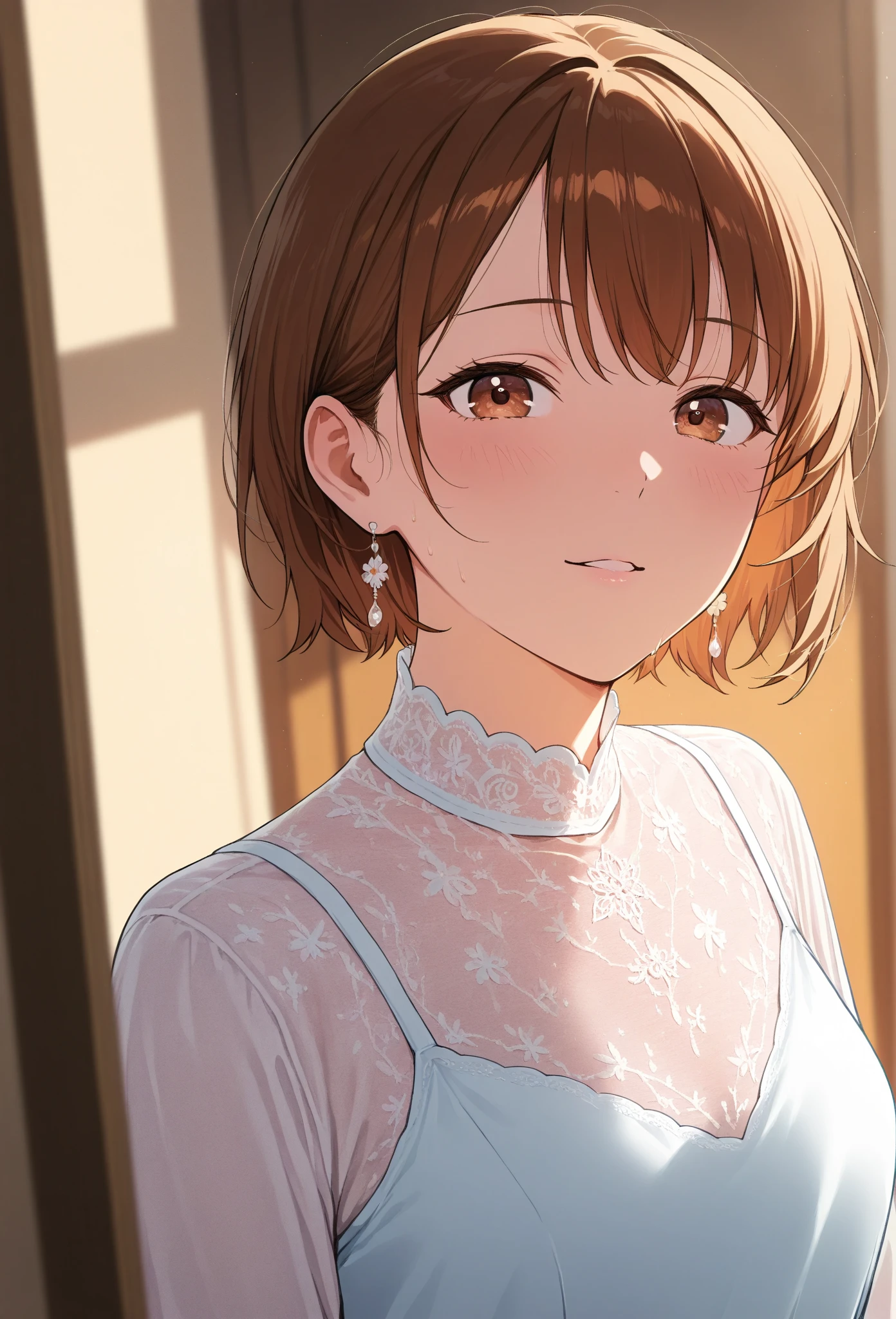 (8k, RAW Photos, highest quality, masterpiece:1.2),Natural light,(View your viewers,from the front:1,2), (Real human skin,Detailed skin:1,4), Upper body photo,Highly detailed eyes and face,double eyelid, Brown eyes,long eyelashes,Lips parted,Lip gloss,Highly detailed face,Natural Makeup,((One girl,Beautiful Japanese Women,20th Generation:1.2)),((Straight Short Hair,Natural Hair,Transparent bangs,Light brown hair:1,6)), ((C-cup breasts with firmness)), smile,White shirt, ((Black Lingerie)), necklace, Earrings,